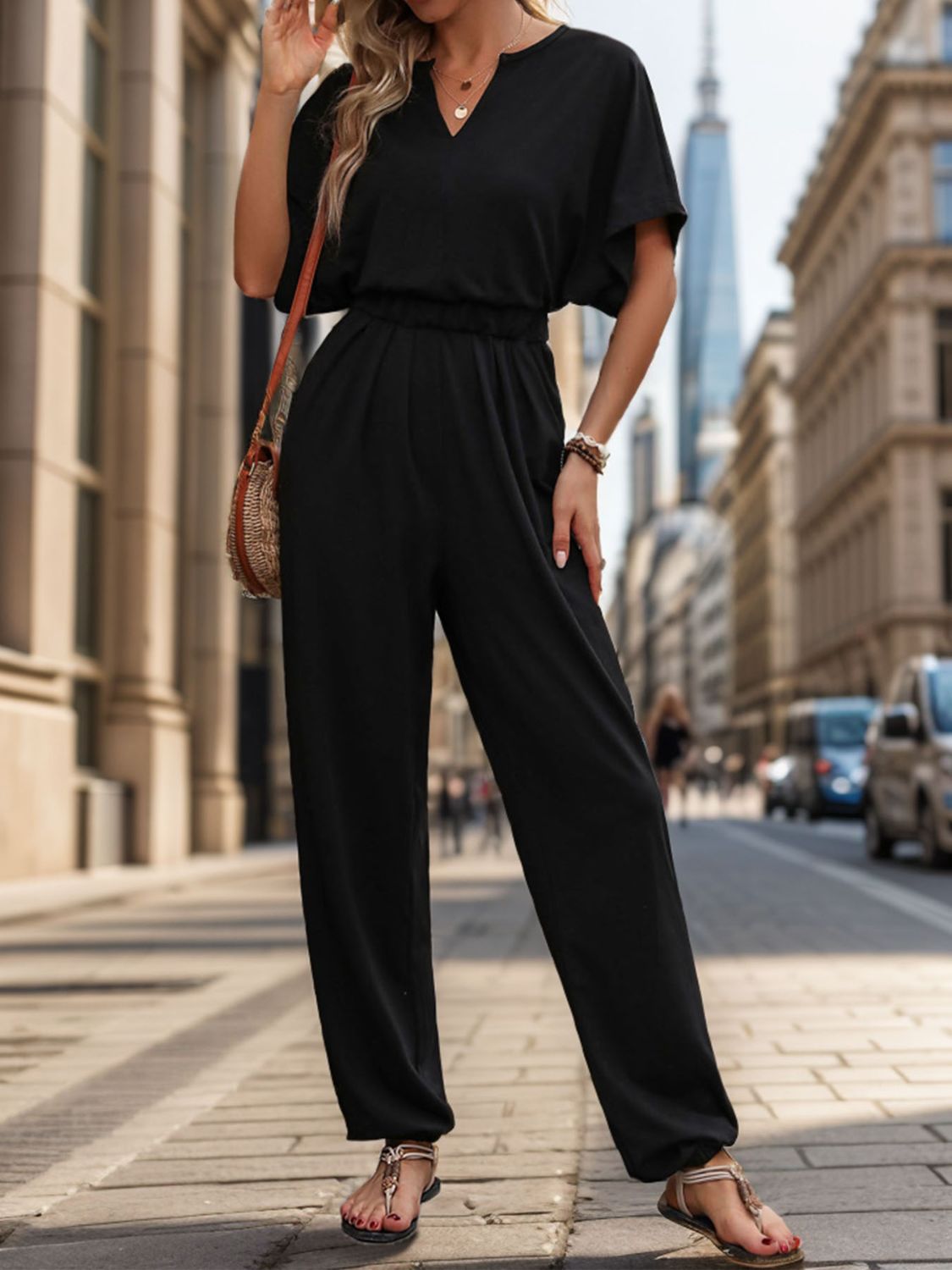 Perfee Notched Half Sleeve Straight Jumpsuit