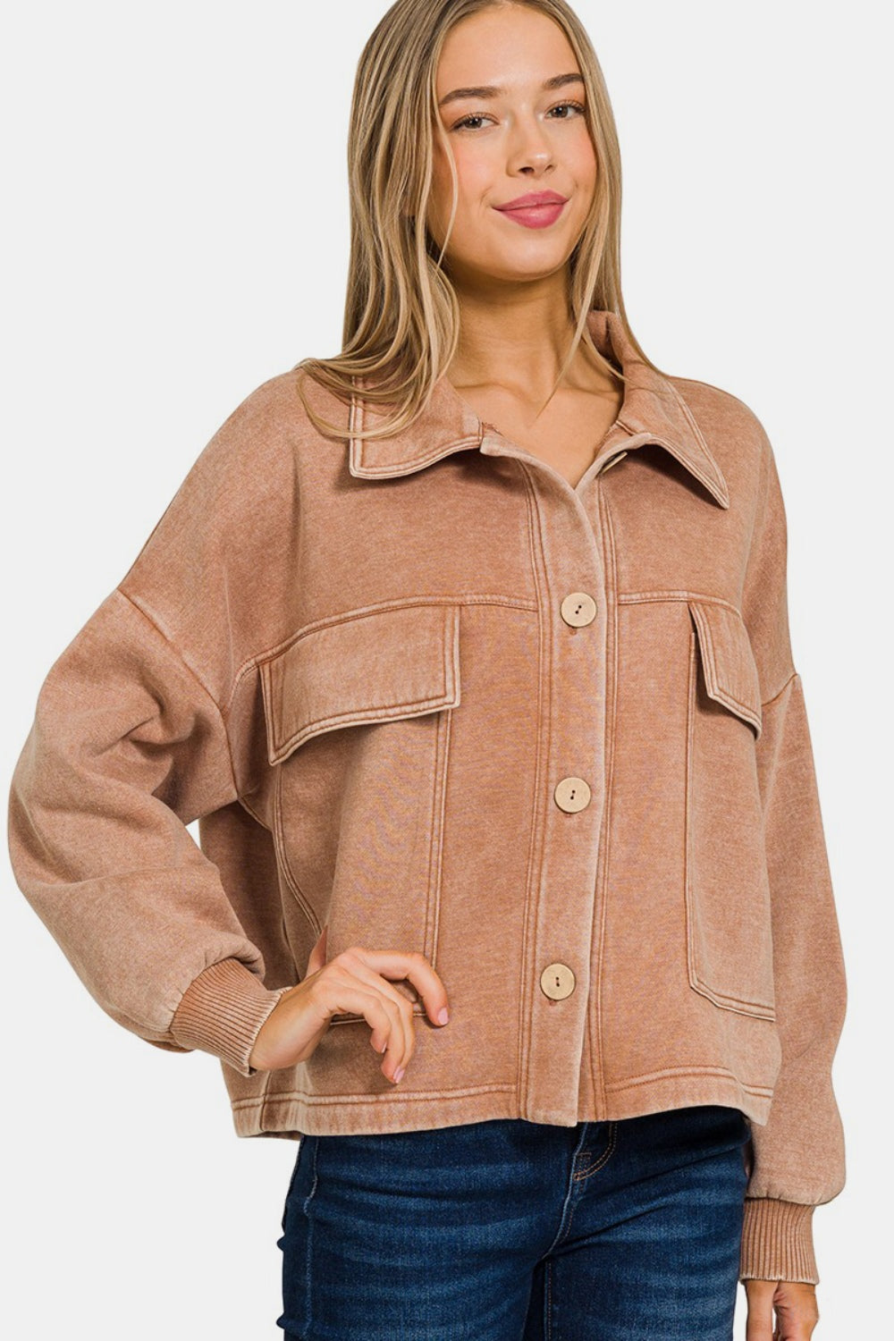 Zenana Wash Fleece Front Pocket Button Up Shacket