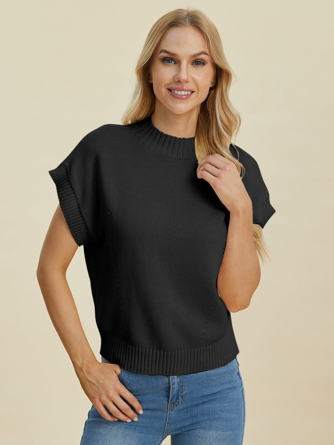 Double Take Full Size Mock Neck Short Sleeve Sweater