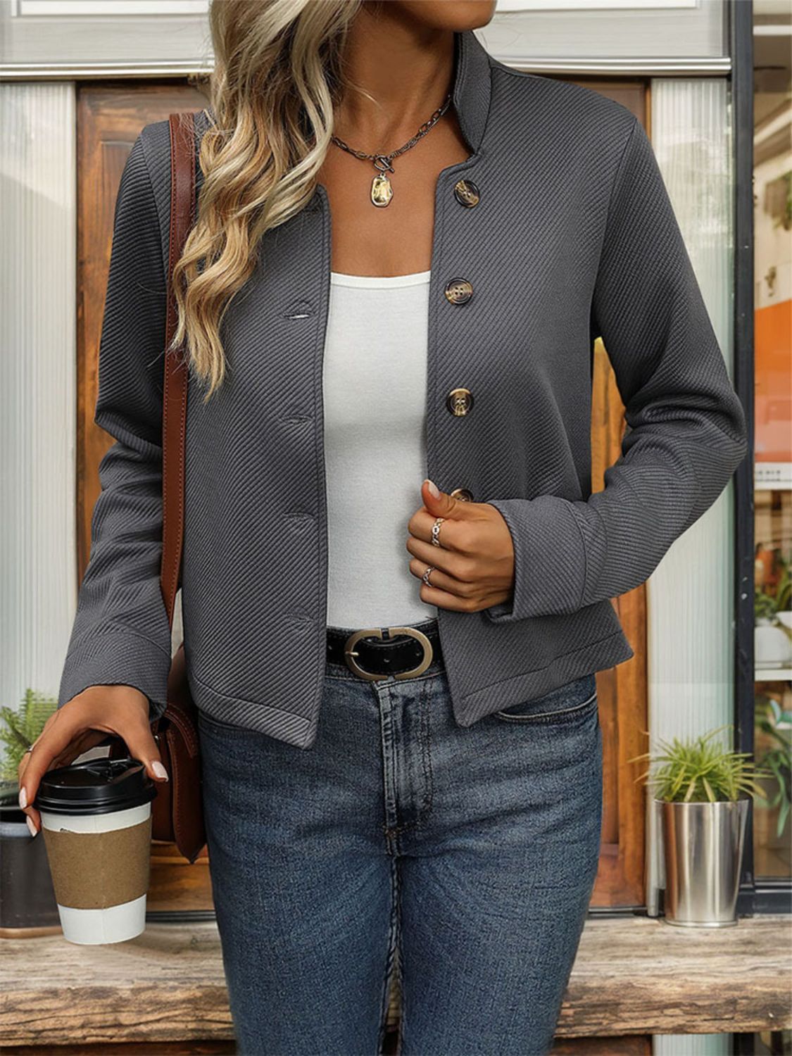 Perfee Textured Button Up Long Sleeve Jacket