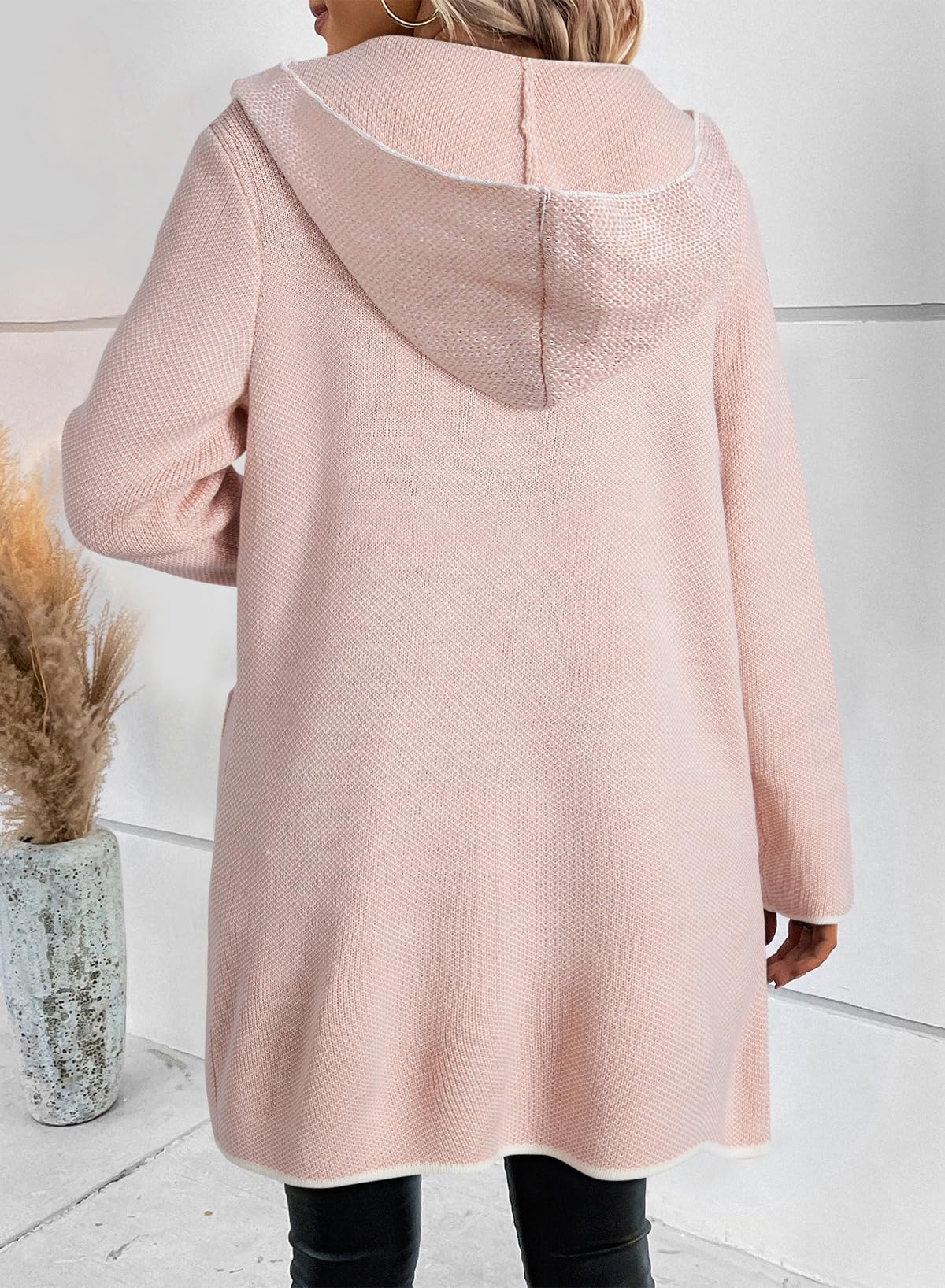 Sidefeel Women's 2024 Fall Long Sleeve Open Front Contrast Cardigan Sweaters Oversized Chunky Knit Hooded Sweaters Coat