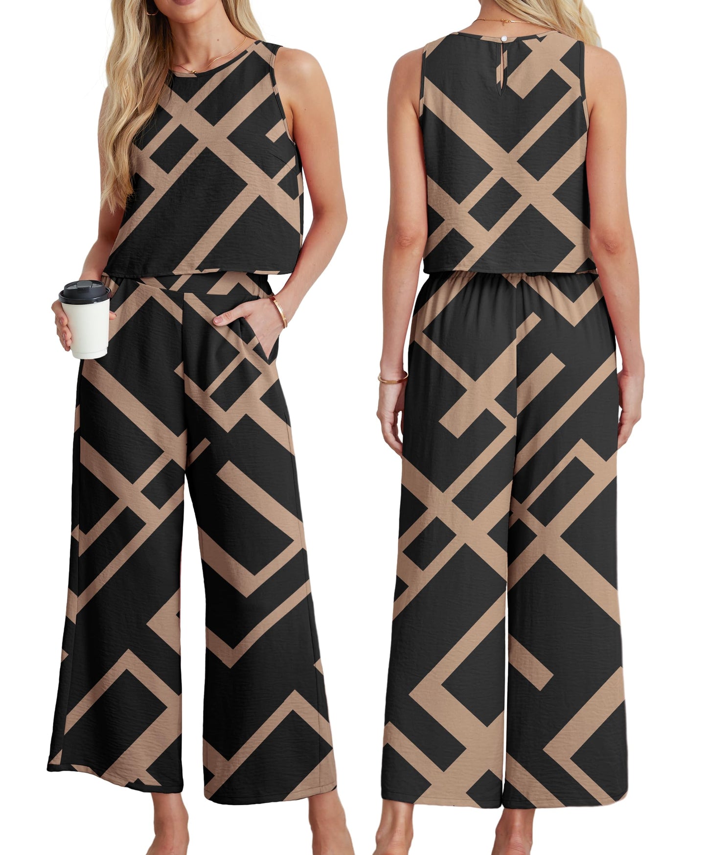 IWOLLENCE Women's Summer 2 Piece Outfits Set Round neck Sleeveless Tank Crop Top Wide Leg pants Set Pockets Jumpsuits