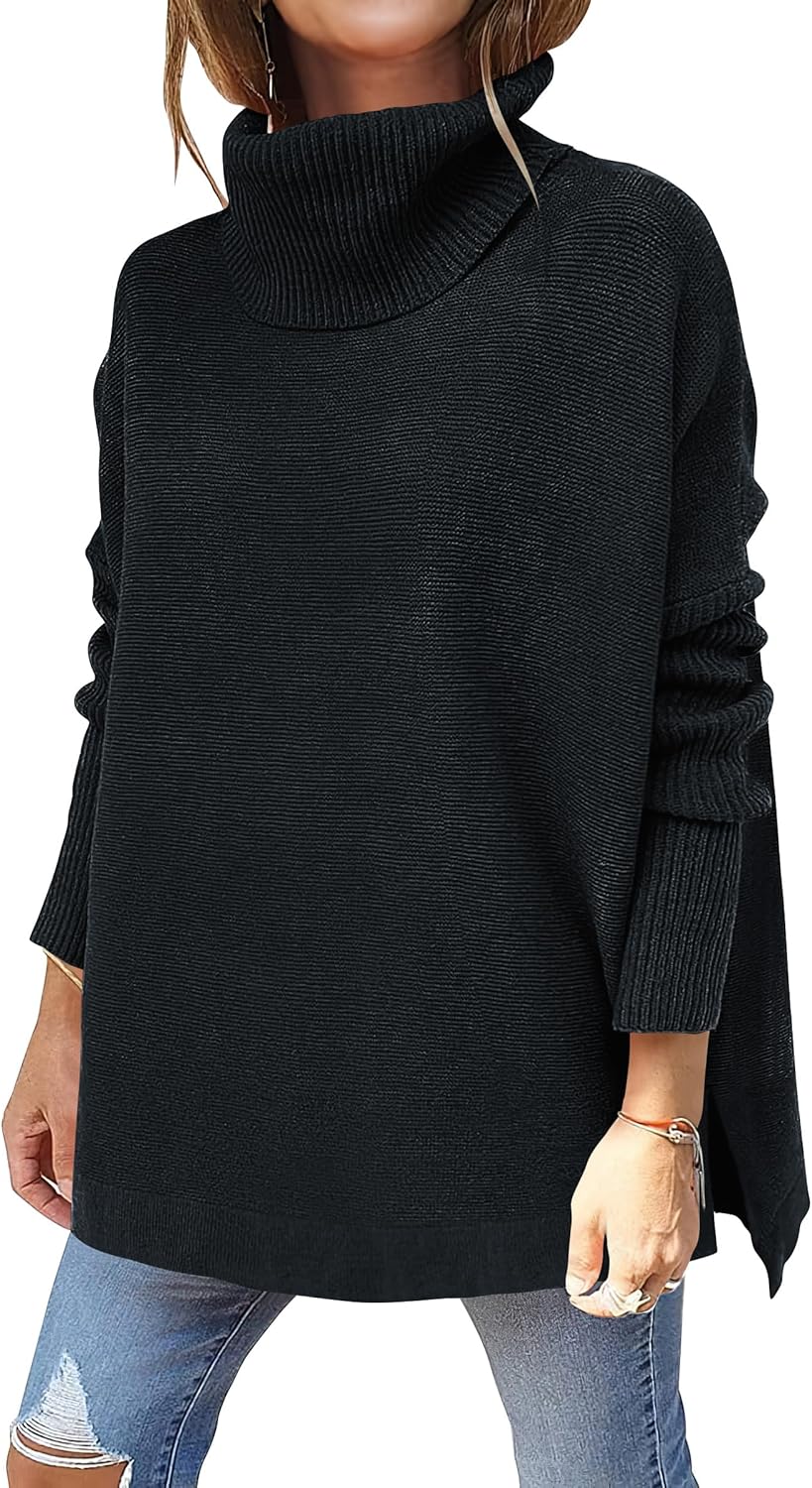 Caracilia Women's Turtleneck Oversized Sweaters 2024 Fall Long Batwing Sleeve Spilt Hem Tunic Pullover Sweater Knit Tops