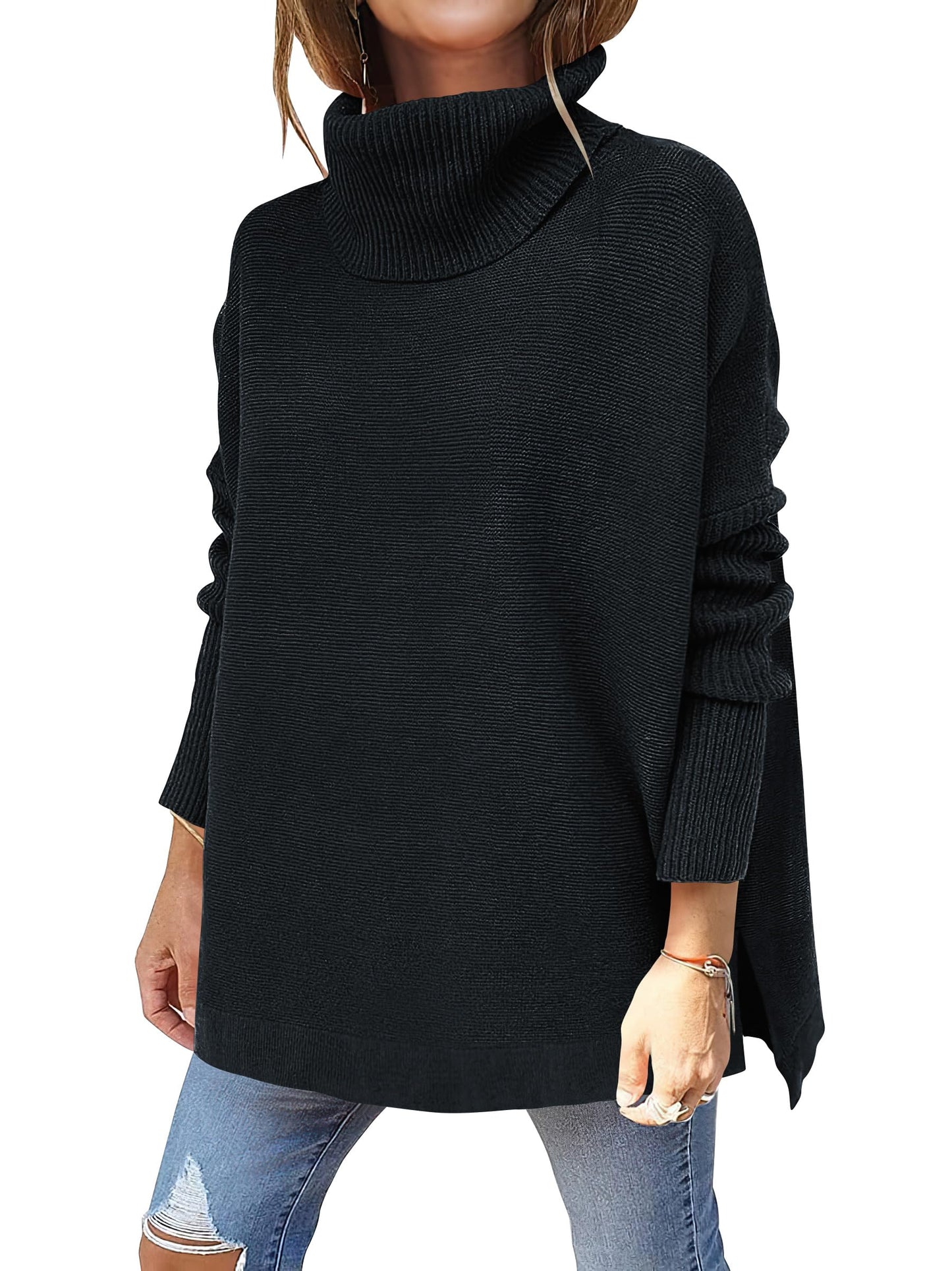 Caracilia Women's Turtleneck Oversized Sweaters 2024 Fall Long Batwing Sleeve Spilt Hem Tunic Pullover Sweater Knit Tops