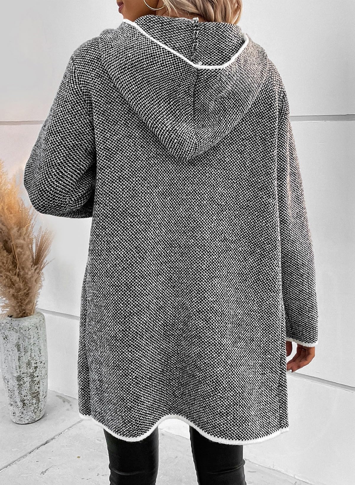 Sidefeel Women's 2024 Fall Long Sleeve Open Front Contrast Cardigan Sweaters Oversized Chunky Knit Hooded Sweaters Coat