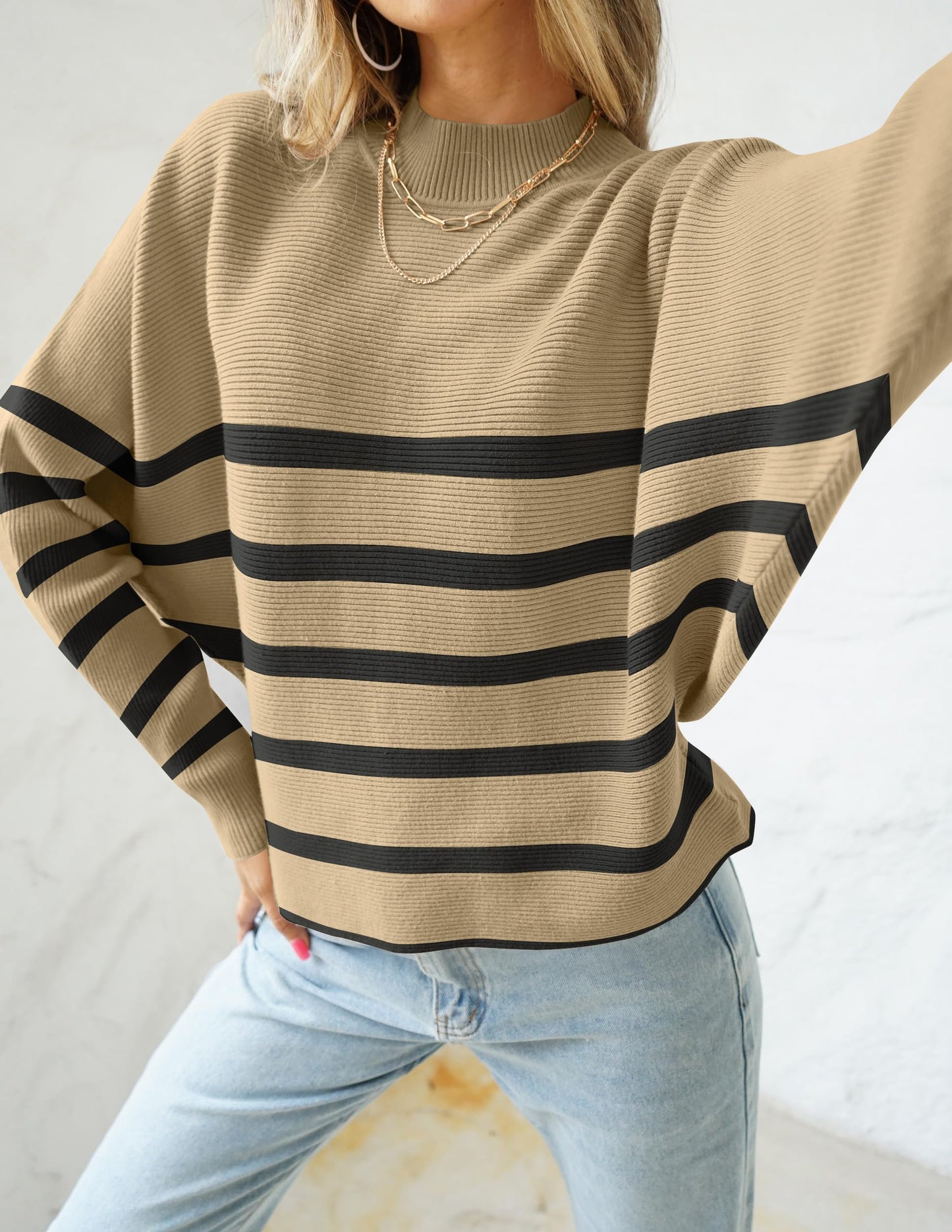 ZESICA Women's 2024 Fall Turtleneck Batwing Long Sleeve Ribbed Knit Casual Soft Pullover Sweater Jumper Top