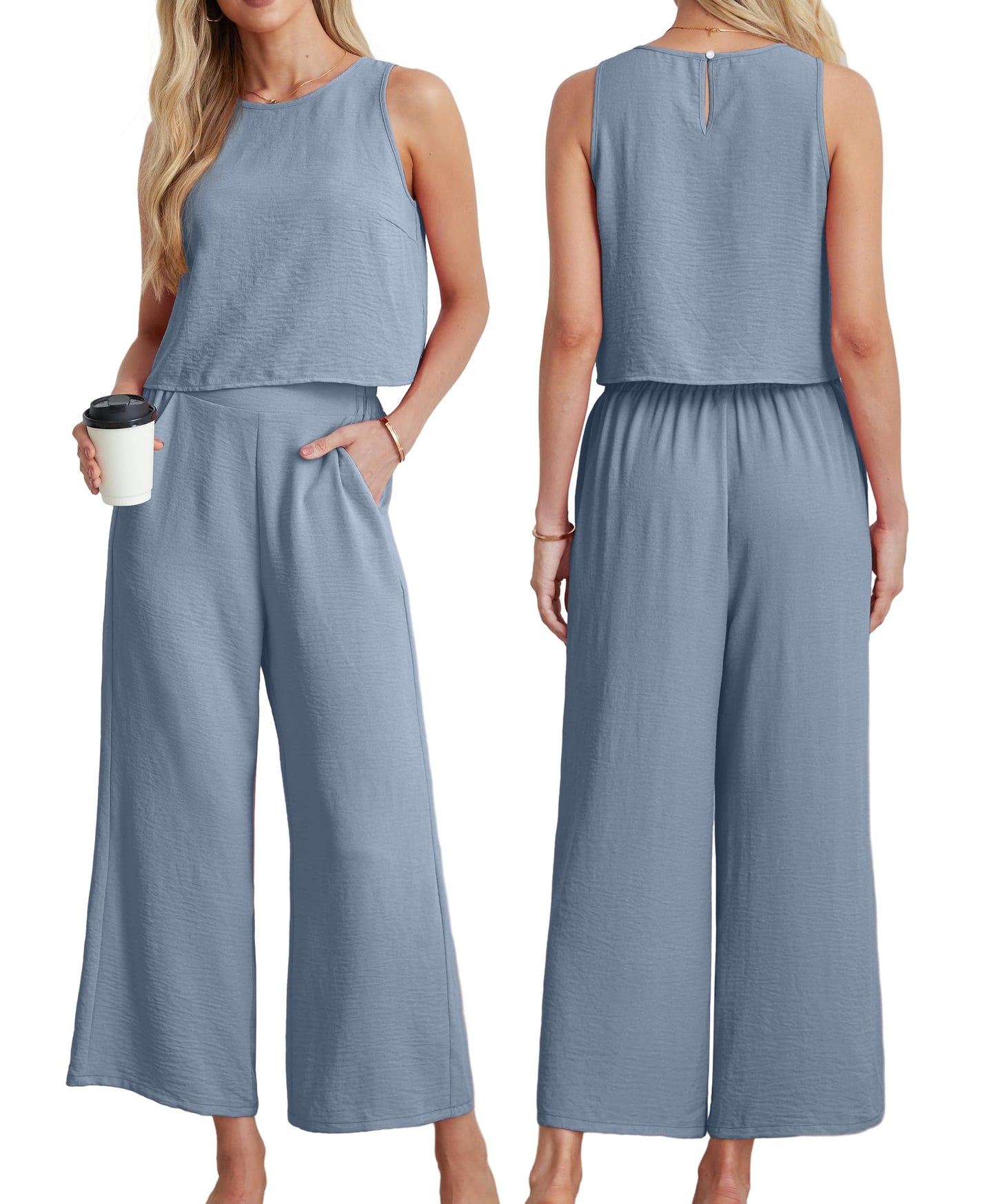 IWOLLENCE Women's Summer 2 Piece Outfits Set Round neck Sleeveless Tank Crop Top Wide Leg pants Set Pockets Jumpsuits