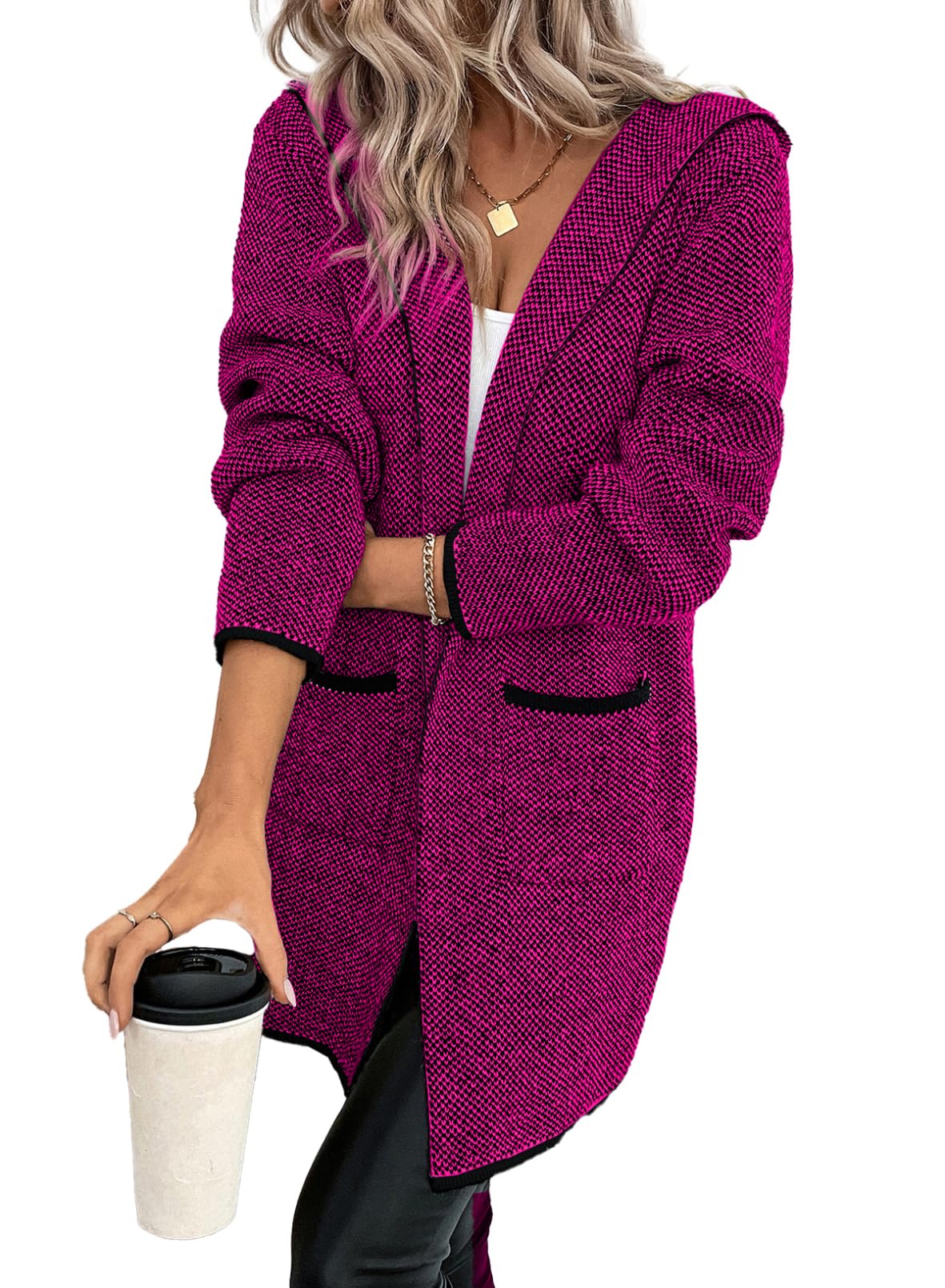 Sidefeel Women's 2024 Fall Long Sleeve Open Front Contrast Cardigan Sweaters Oversized Chunky Knit Hooded Sweaters Coat