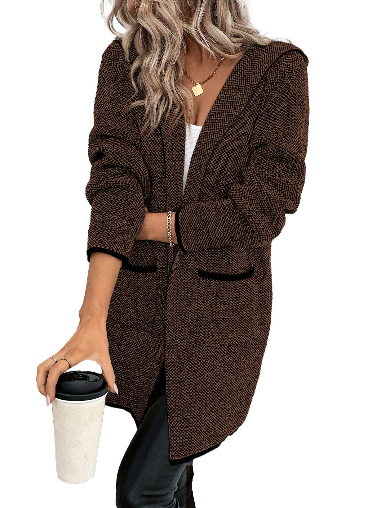 Sidefeel Women's 2024 Fall Long Sleeve Open Front Contrast Cardigan Sweaters Oversized Chunky Knit Hooded Sweaters Coat