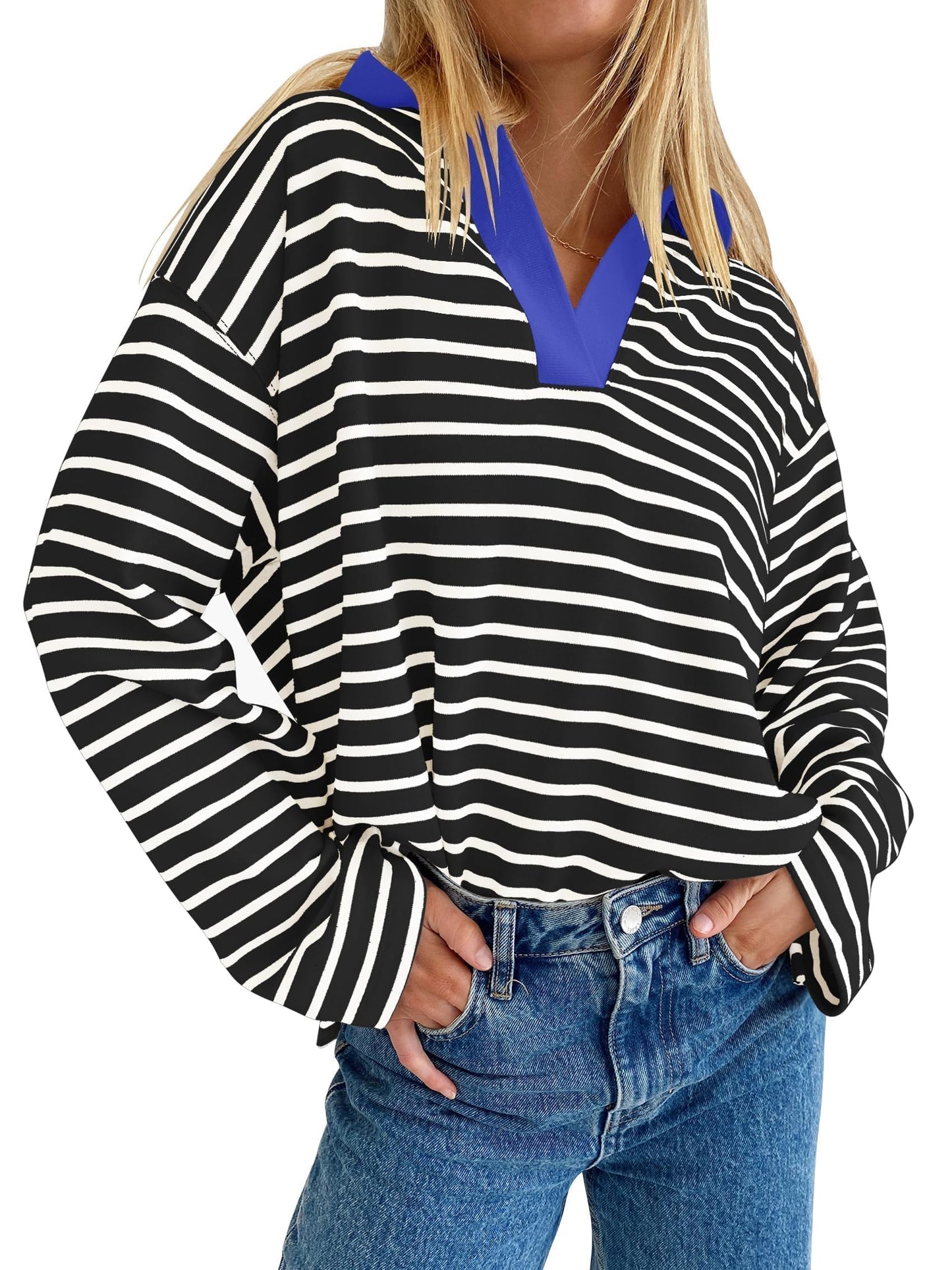 ZESICA Womens Striped Long Sleeve Shirts 2024 Casual V Neck Oversized Sweatshirt Loose Fit Tunic Tops Fall Blouses