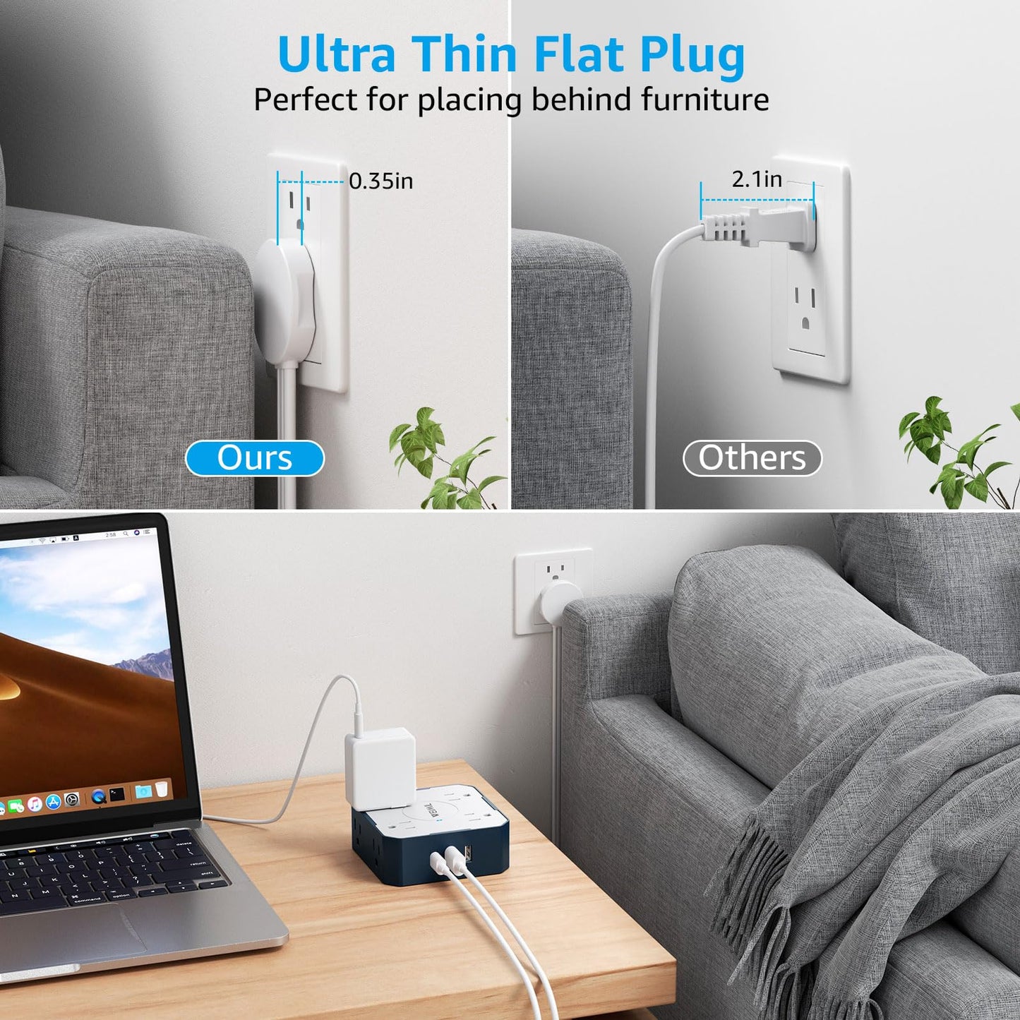 Flat Plug Power Strip, WEIMIL 5Ft Ultra Thin Flat Extension Cord, 8 Widely Outlets, 3 USB Ports(1 USB C), Wall Mount, Compact Power Strip Surge Protector for Travel Home Office Dorm Room