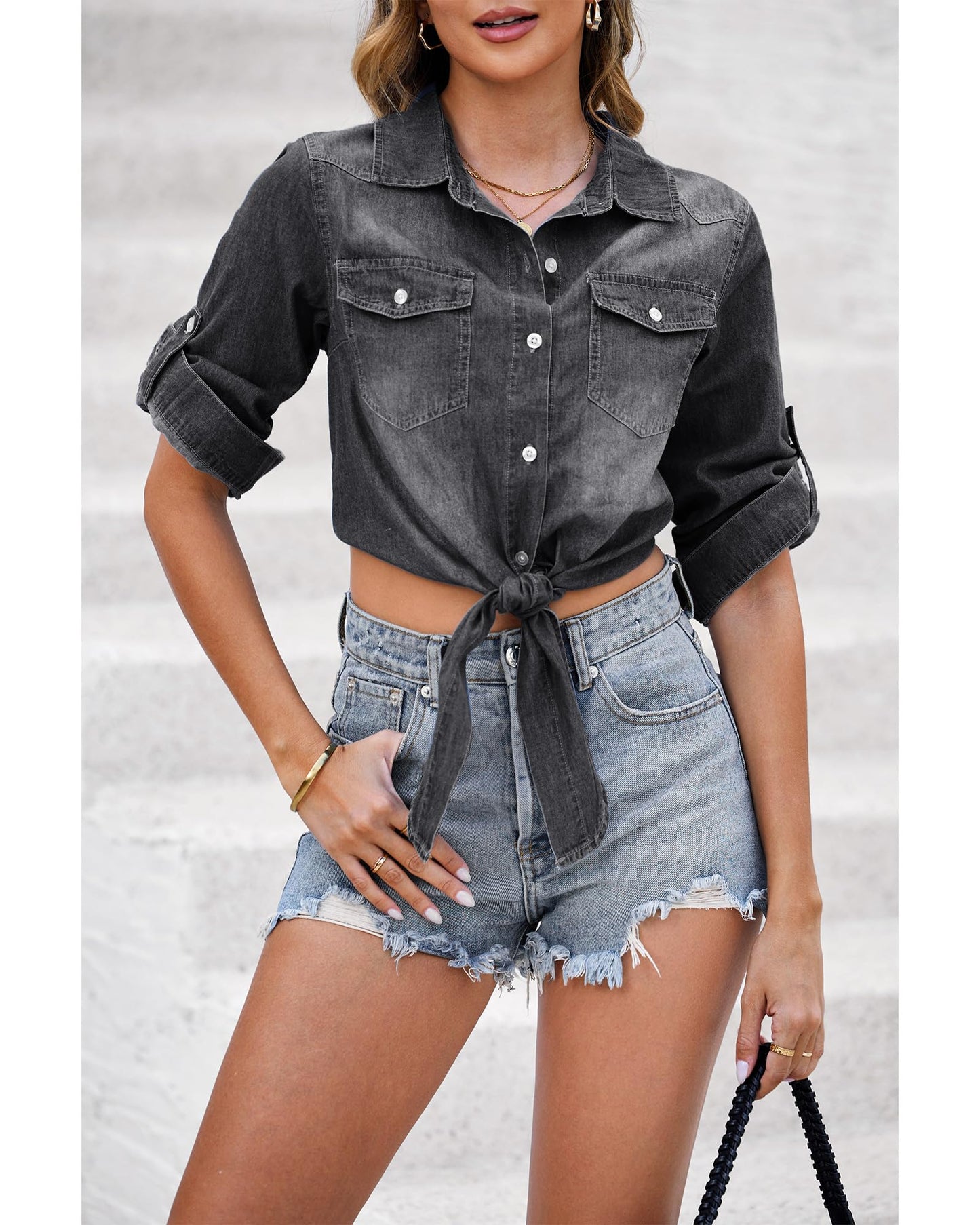 luvamia Denim Tops for Women Trendy Button Down Denim Shirt Tie Front Blouse 3/4 Sleeve Jean Chambray Crop Top Cardigan