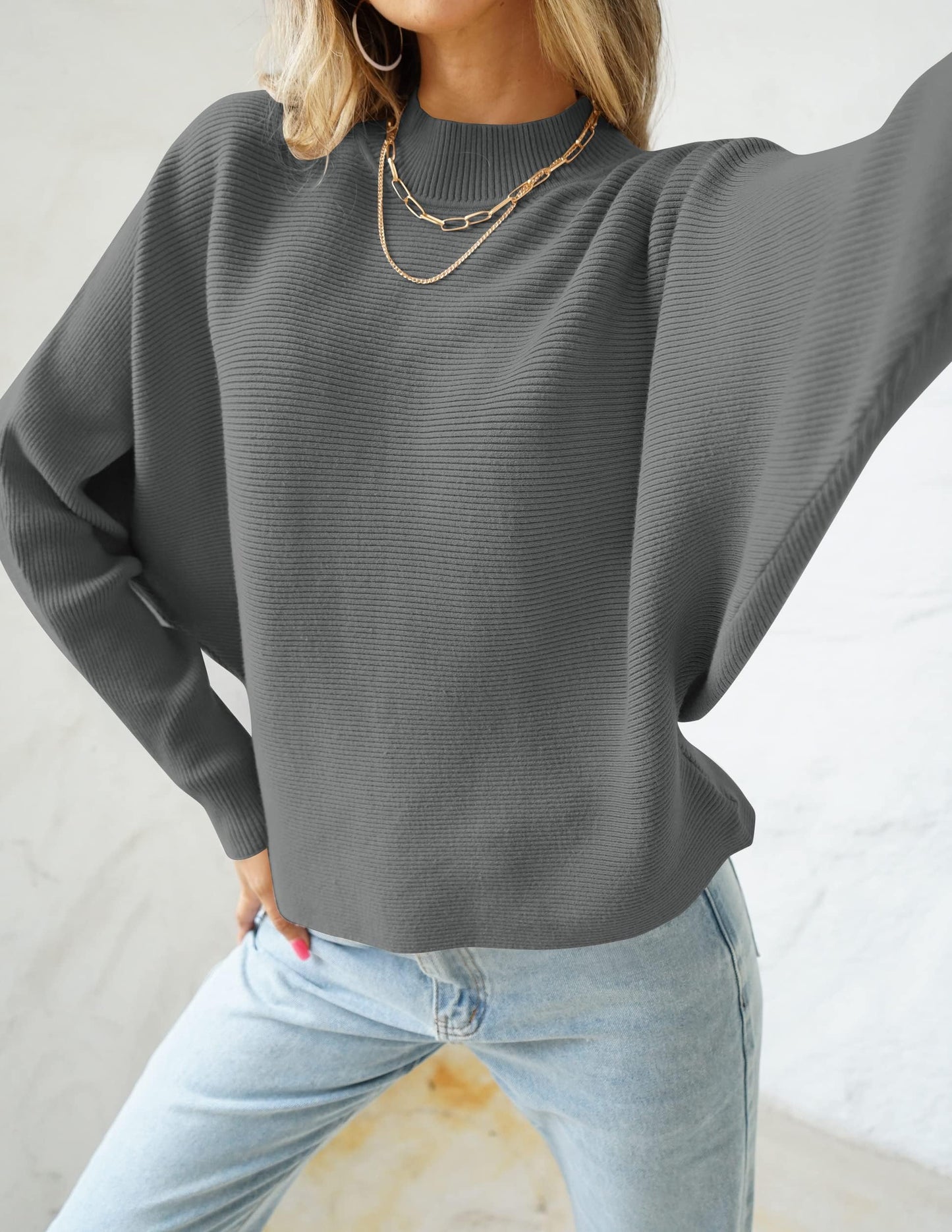 ZESICA Women's 2024 Fall Turtleneck Batwing Long Sleeve Ribbed Knit Casual Soft Pullover Sweater Jumper Top