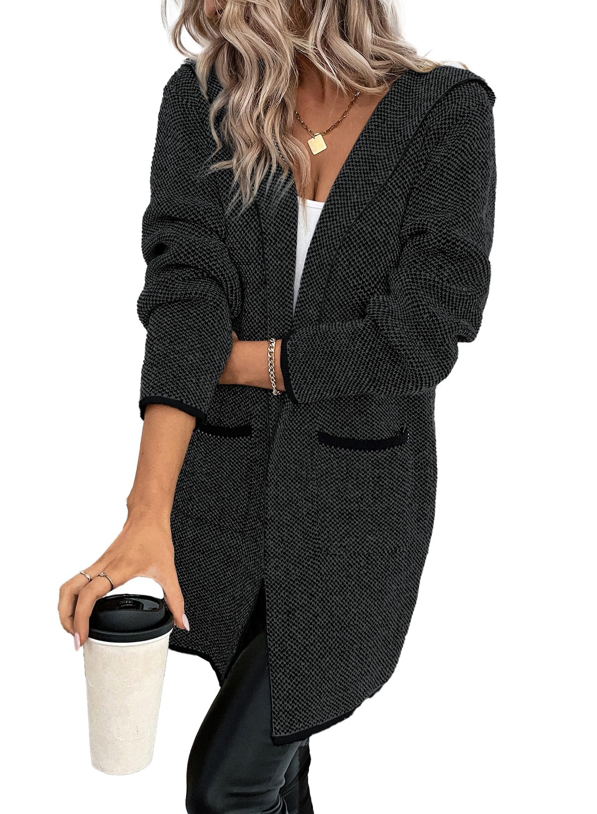Sidefeel Women's 2024 Fall Long Sleeve Open Front Contrast Cardigan Sweaters Oversized Chunky Knit Hooded Sweaters Coat