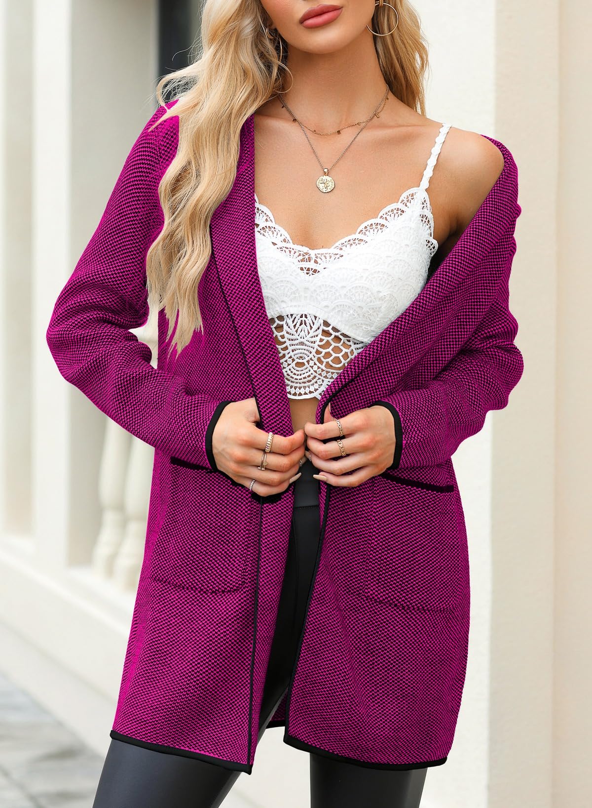 Sidefeel Women's 2024 Fall Long Sleeve Open Front Contrast Cardigan Sweaters Oversized Chunky Knit Hooded Sweaters Coat