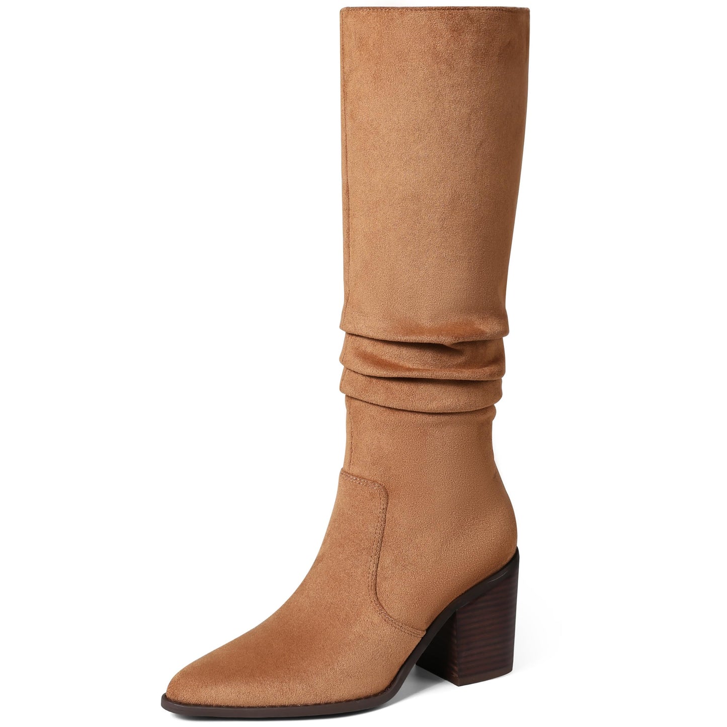 VOMIRA Knee High Boots Women Suede Boots Pointy Toe Chunky Block Heels Side Zipper Wide Calf Boots Fashion Dress Tall Boots Fall Winter Long Boots