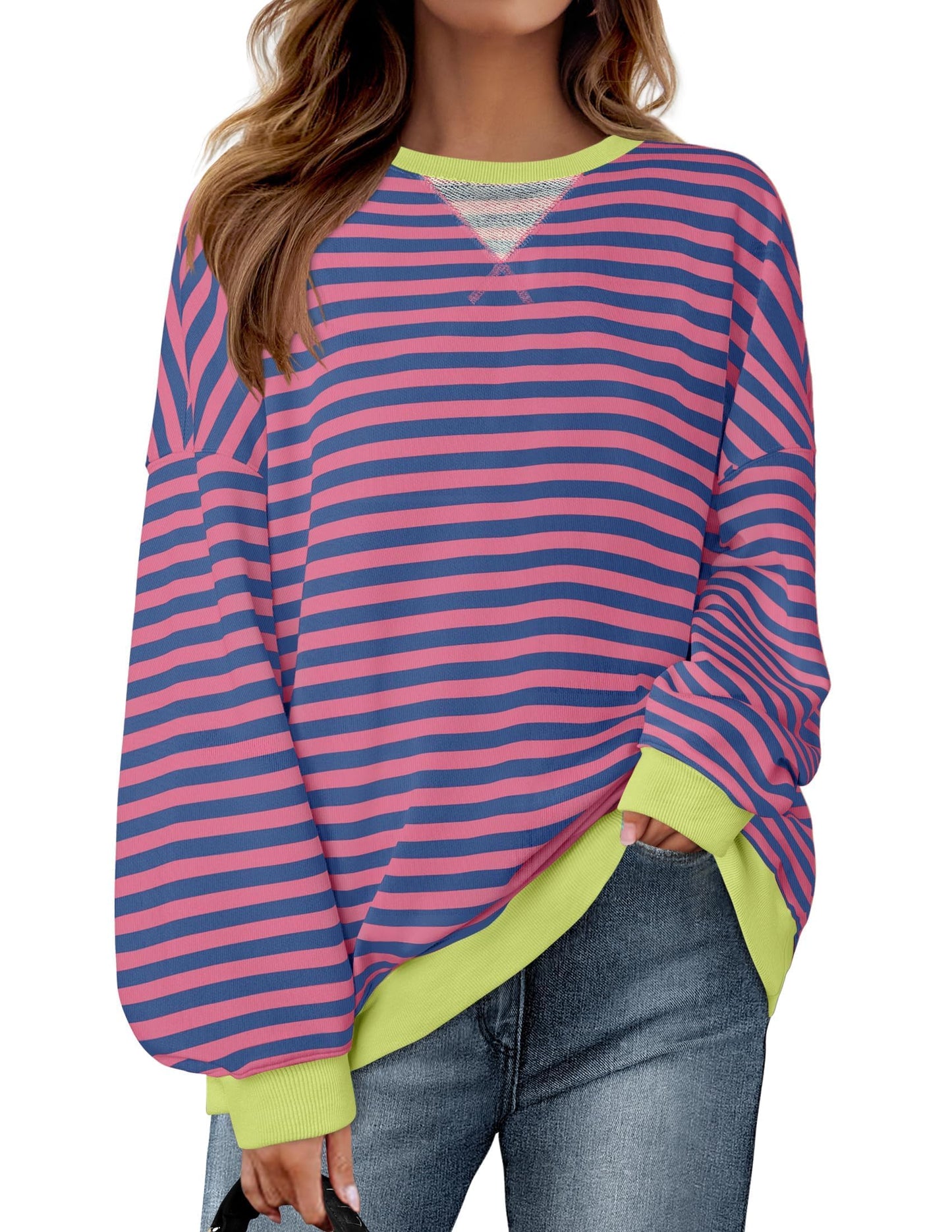 ZESICA Womens Casual Striped Pullover Tops Long Sleeve Shirts Crewneck Oversized Sweatshirts 2024 Fall Clothes