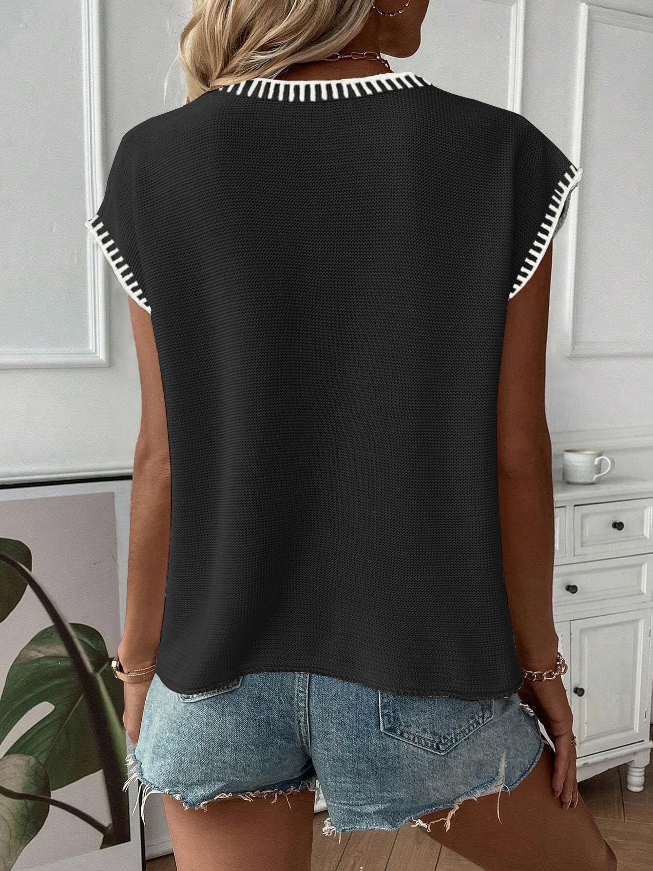SAUKOLE Women's Sleeveless Sweater Vest Casual V Neck Cap Sleeve Knit Pullover Tank Tops 2024 Spring Clothes