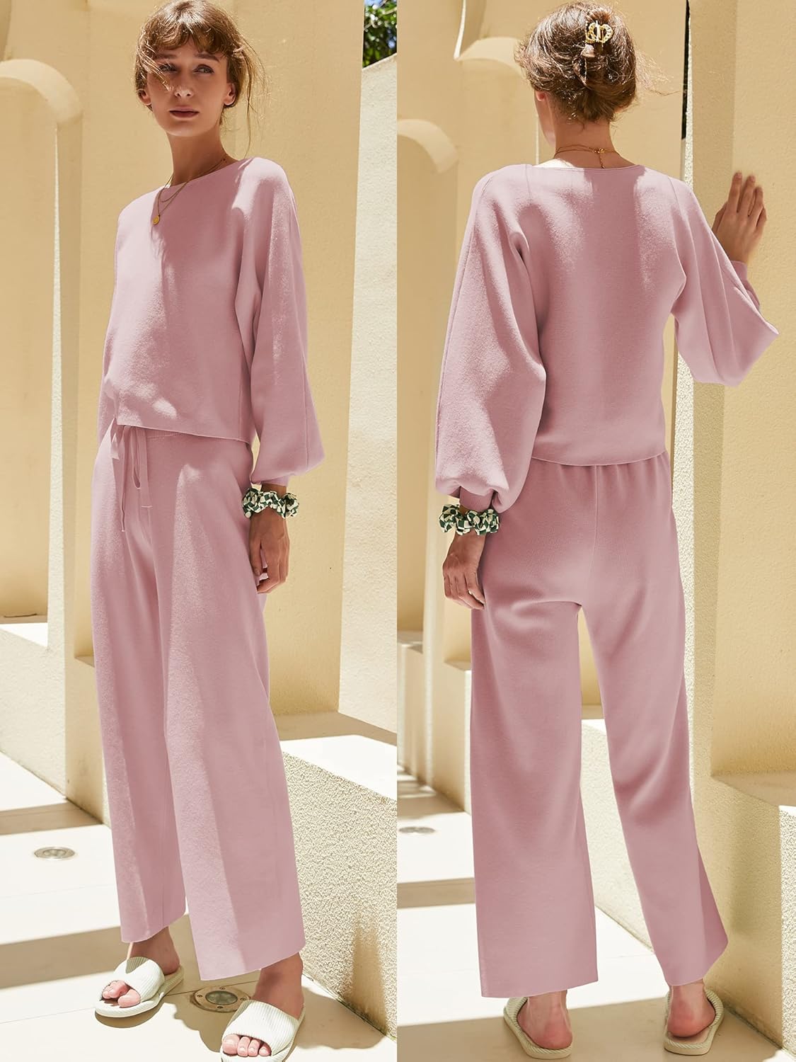 Ekouaer Knit Lounge Sets for Women 2 Piece Cozy Long Sleeve Pullover Sweater Top and Wide Leg Pants Set Pajamas Outfits