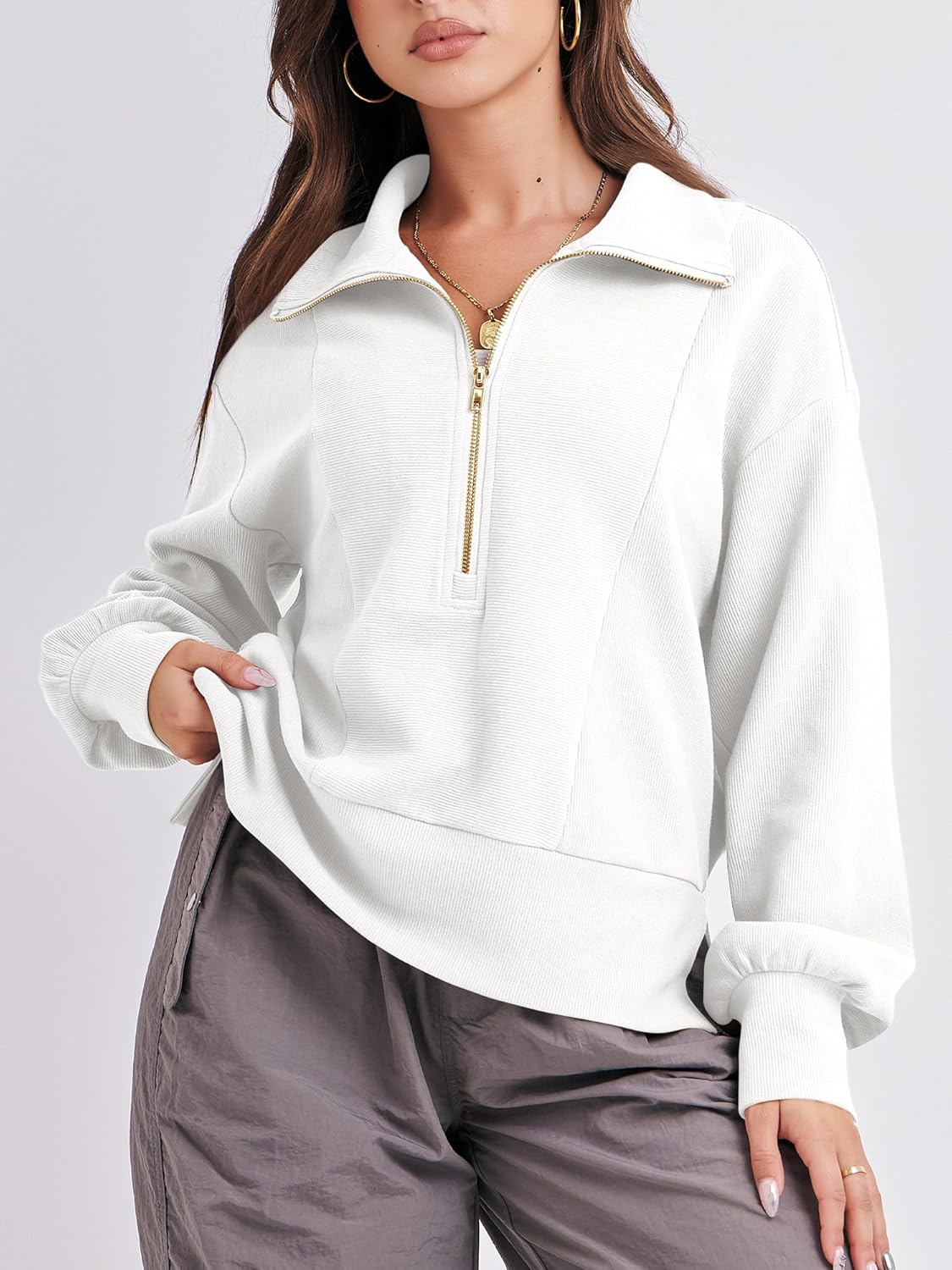 ANRABESS Women Half Zip Cropped Sweatshirt Casual Fleece Quarter Zip Hoodies Knit Pullover Top 2024 Fall Outfits Clothes White 1050baise-M