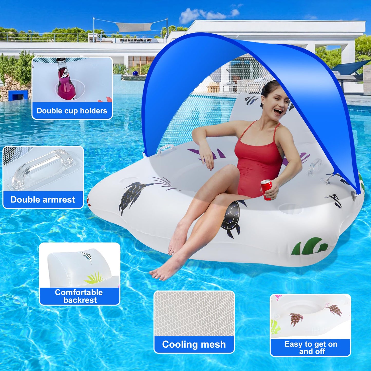 Inflatable Pool Floats Chair with Color Changing Light, Solar Powered Water Floats for Adults with 2 Cup Holders & 2 Armrests, Beach Float Pool Sofa, Pool Raft Lounge Pool Floaties for Adult