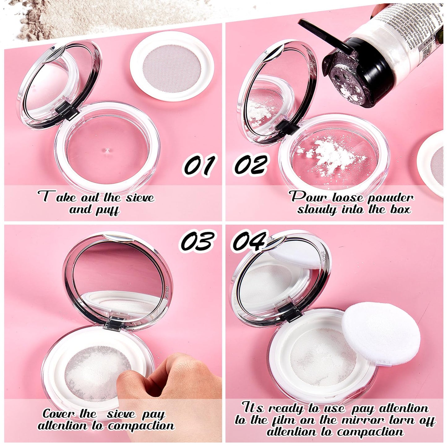 Cunhill 2 Pcs Loose Powder Container with Puff 0.17/0.7 oz Reusable Plastic Empty Powder Case Portable DIY Empty Makeup Powder Container with Mirror and Net Sifter(Pink, Silver)