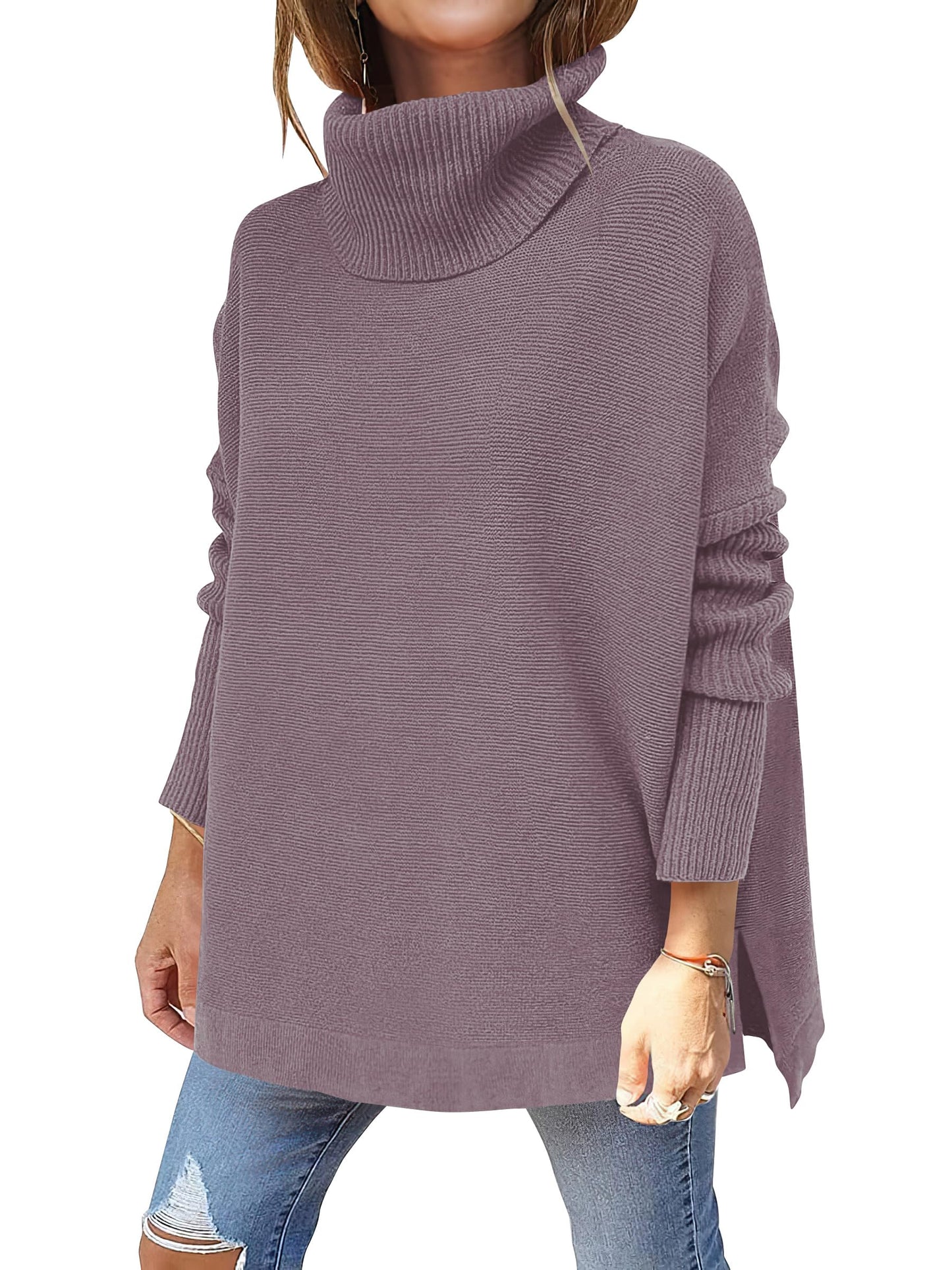 Caracilia Women's Turtleneck Oversized Sweaters 2024 Fall Long Batwing Sleeve Spilt Hem Tunic Pullover Sweater Knit Tops