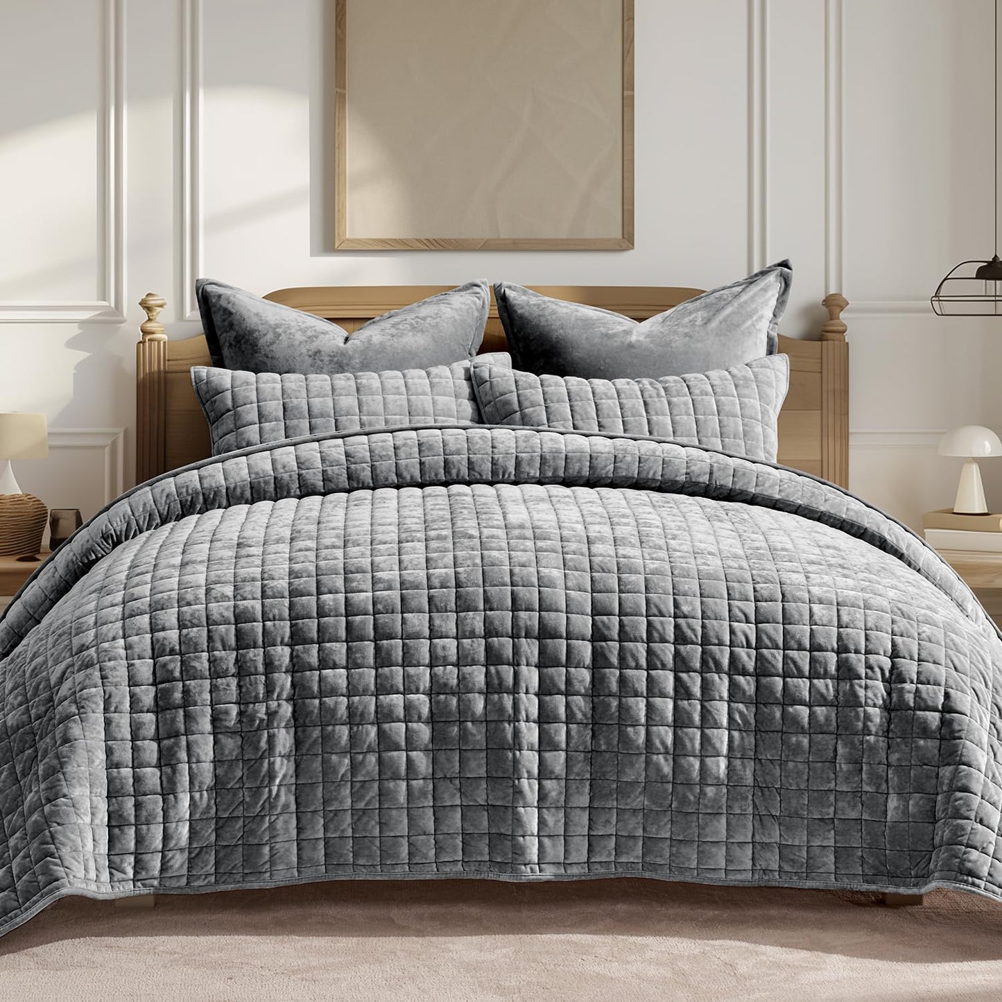 RECYCO Luxury Velvet Quilt King Size, Ultra Soft Velvet Bedding Sets, Lightweight Quilted Velvet Comforter Set, Channel Stitch Oversized Bedspread Coverlet with 2 Pillow Shams, Emerald Green