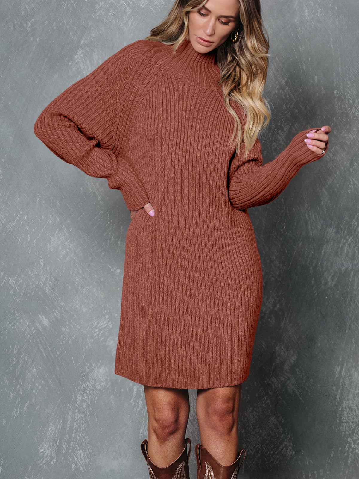 LILLUSORY Mock Neck Sweater Dress for Women Long Lantern Sleeve Oversized 2024 Fall Trendy Dress Ribbed Knit Sweater