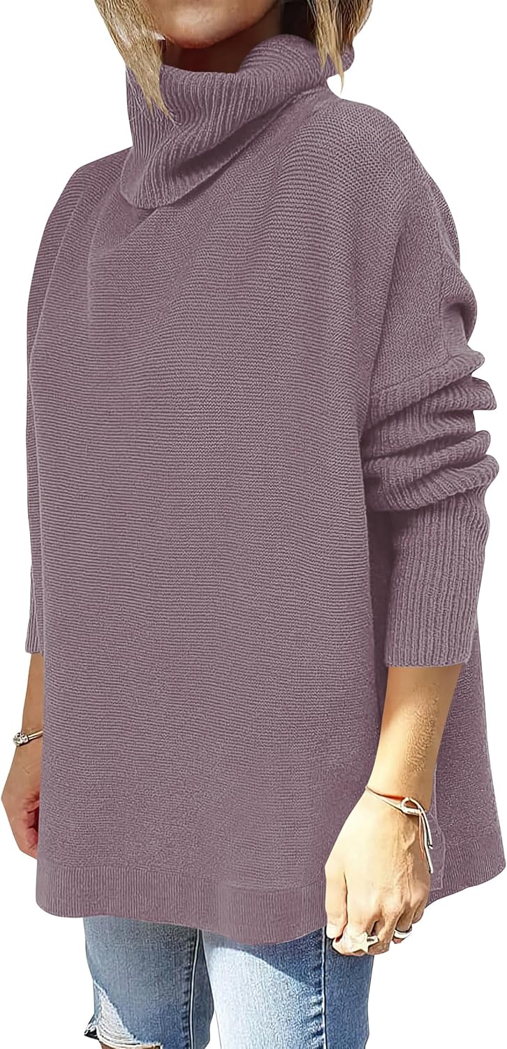 Caracilia Women's Turtleneck Oversized Sweaters 2024 Fall Long Batwing Sleeve Spilt Hem Tunic Pullover Sweater Knit Tops