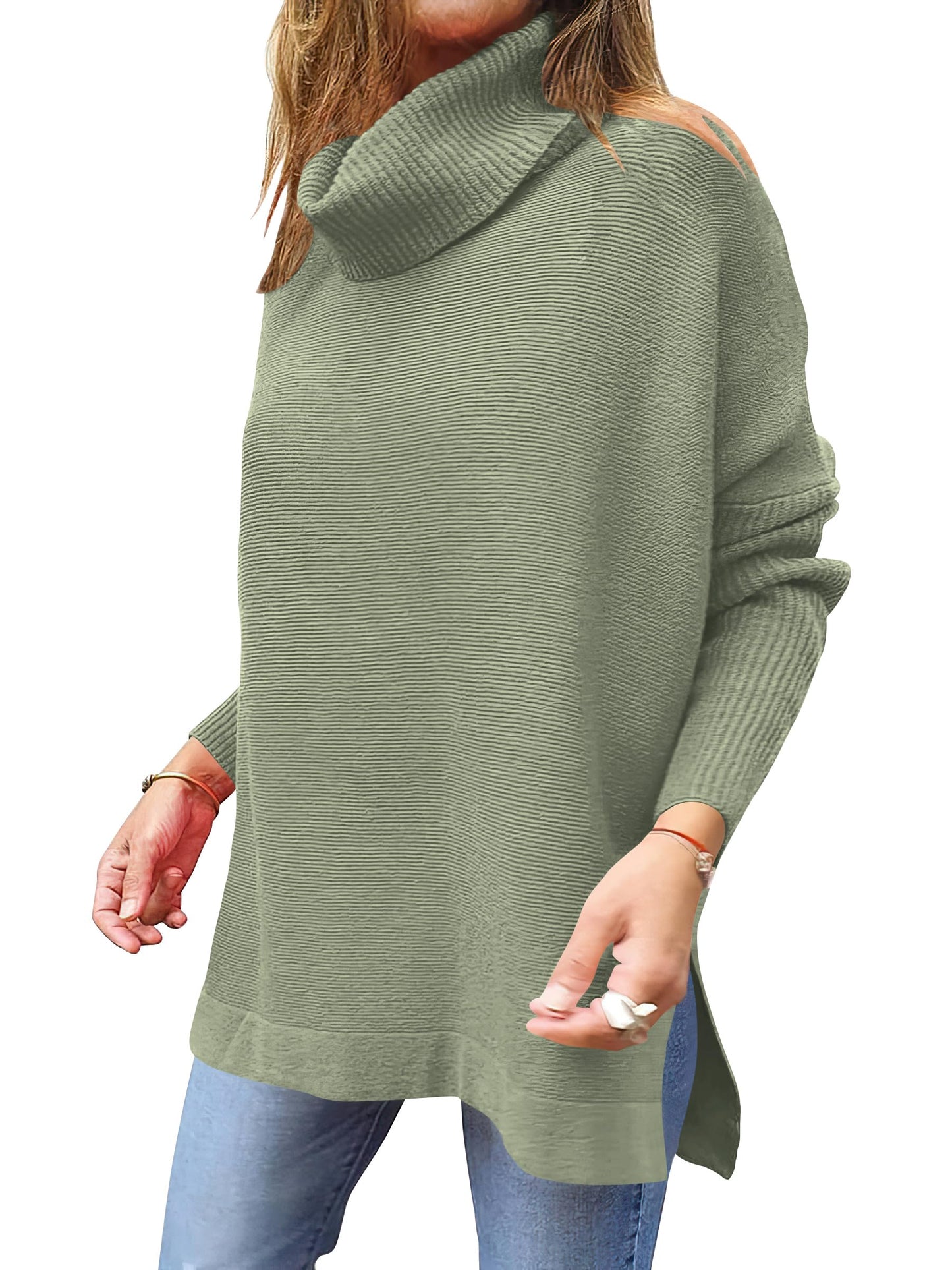 Caracilia Women's Turtleneck Oversized Sweaters 2024 Fall Long Batwing Sleeve Spilt Hem Tunic Pullover Sweater Knit Tops