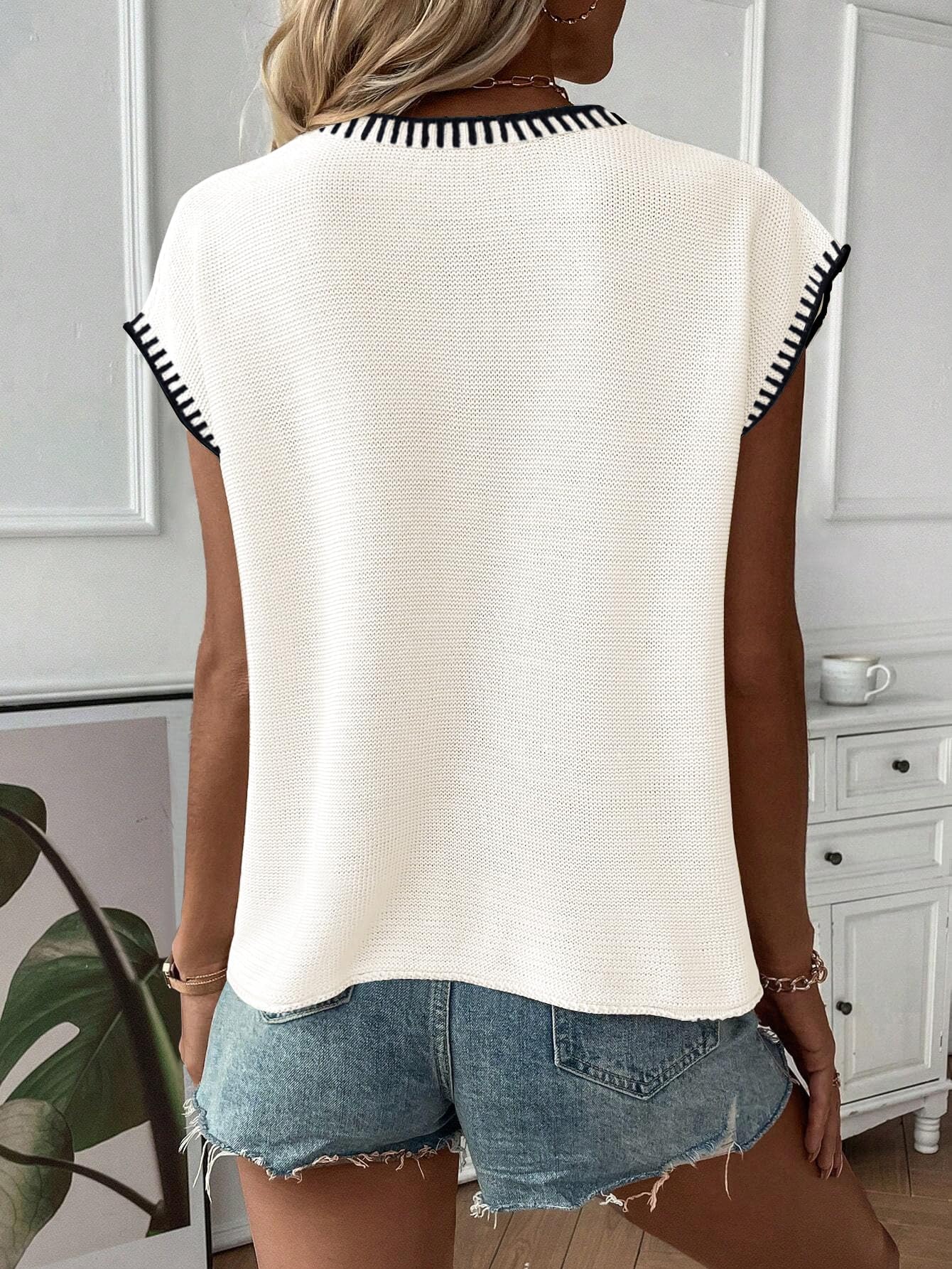 SAUKOLE Women's Sleeveless Sweater Vest Casual V Neck Cap Sleeve Knit Pullover Tank Tops 2024 Spring Clothes