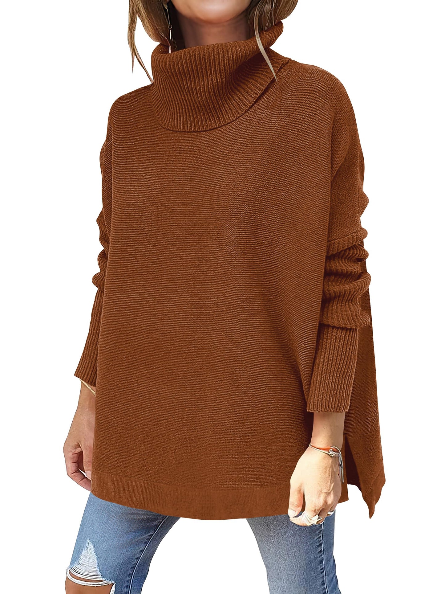 Caracilia Women's Turtleneck Oversized Sweaters 2024 Fall Long Batwing Sleeve Spilt Hem Tunic Pullover Sweater Knit Tops