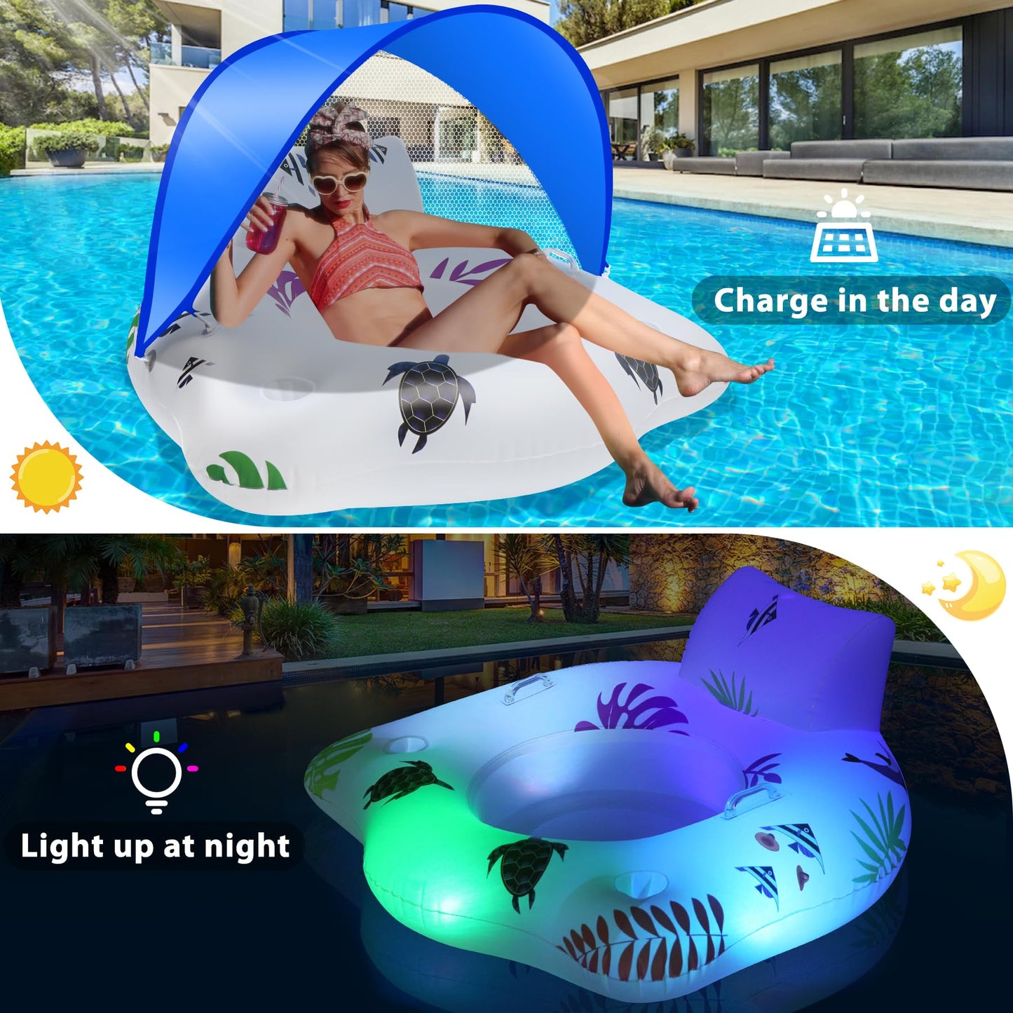 Inflatable Pool Floats Chair with Color Changing Light, Solar Powered Water Floats for Adults with 2 Cup Holders & 2 Armrests, Beach Float Pool Sofa, Pool Raft Lounge Pool Floaties for Adult