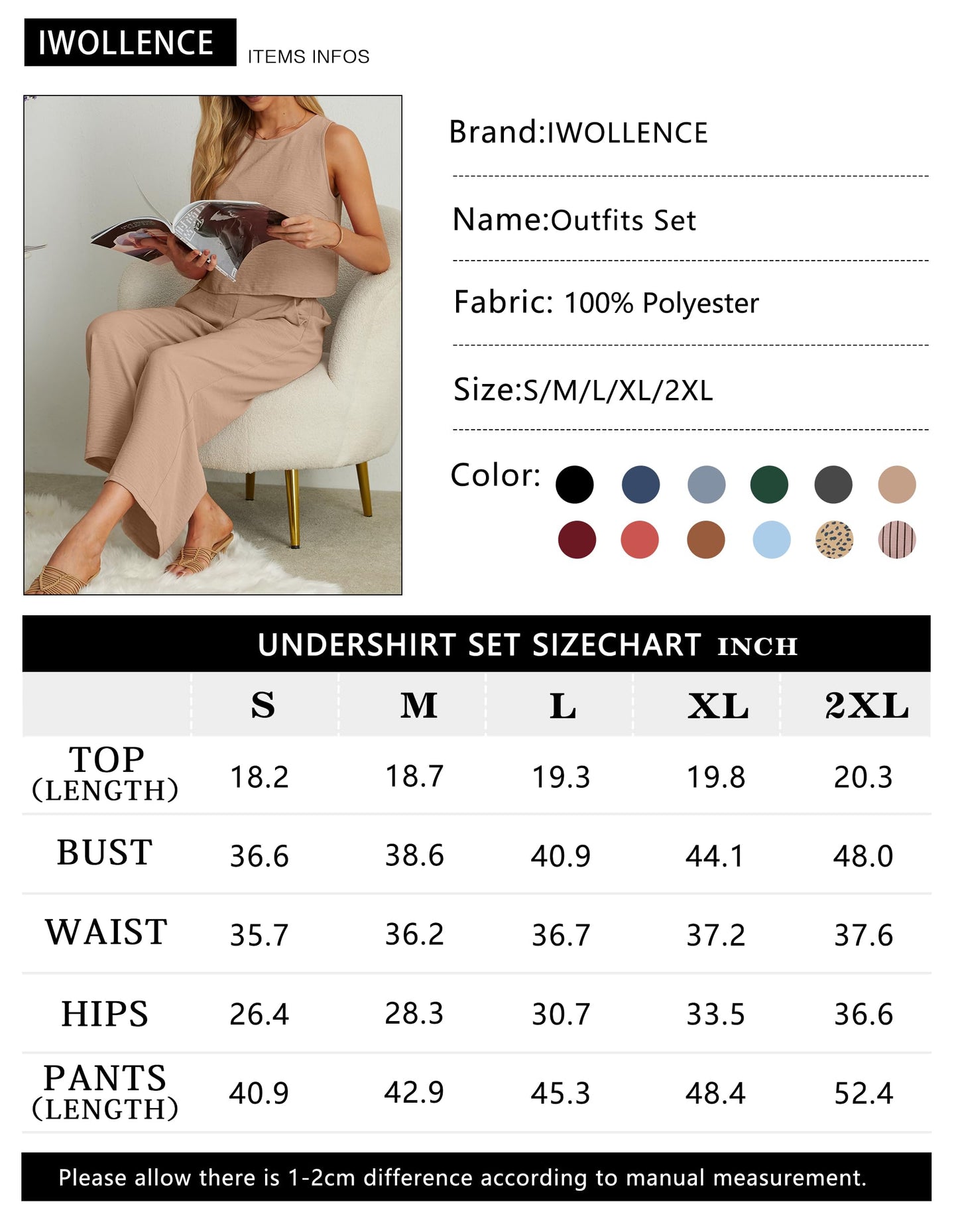 IWOLLENCE Women's Summer 2 Piece Outfits Set Round neck Sleeveless Tank Crop Top Wide Leg pants Set Pockets Jumpsuits
