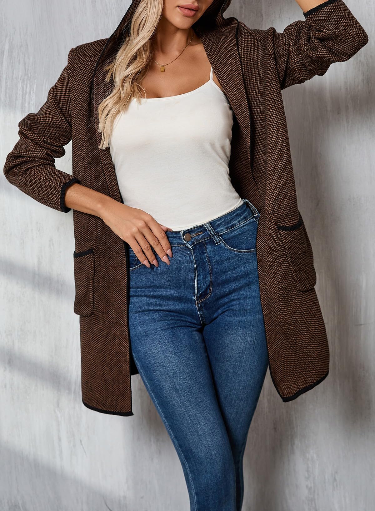 Sidefeel Women's 2024 Fall Long Sleeve Open Front Contrast Cardigan Sweaters Oversized Chunky Knit Hooded Sweaters Coat