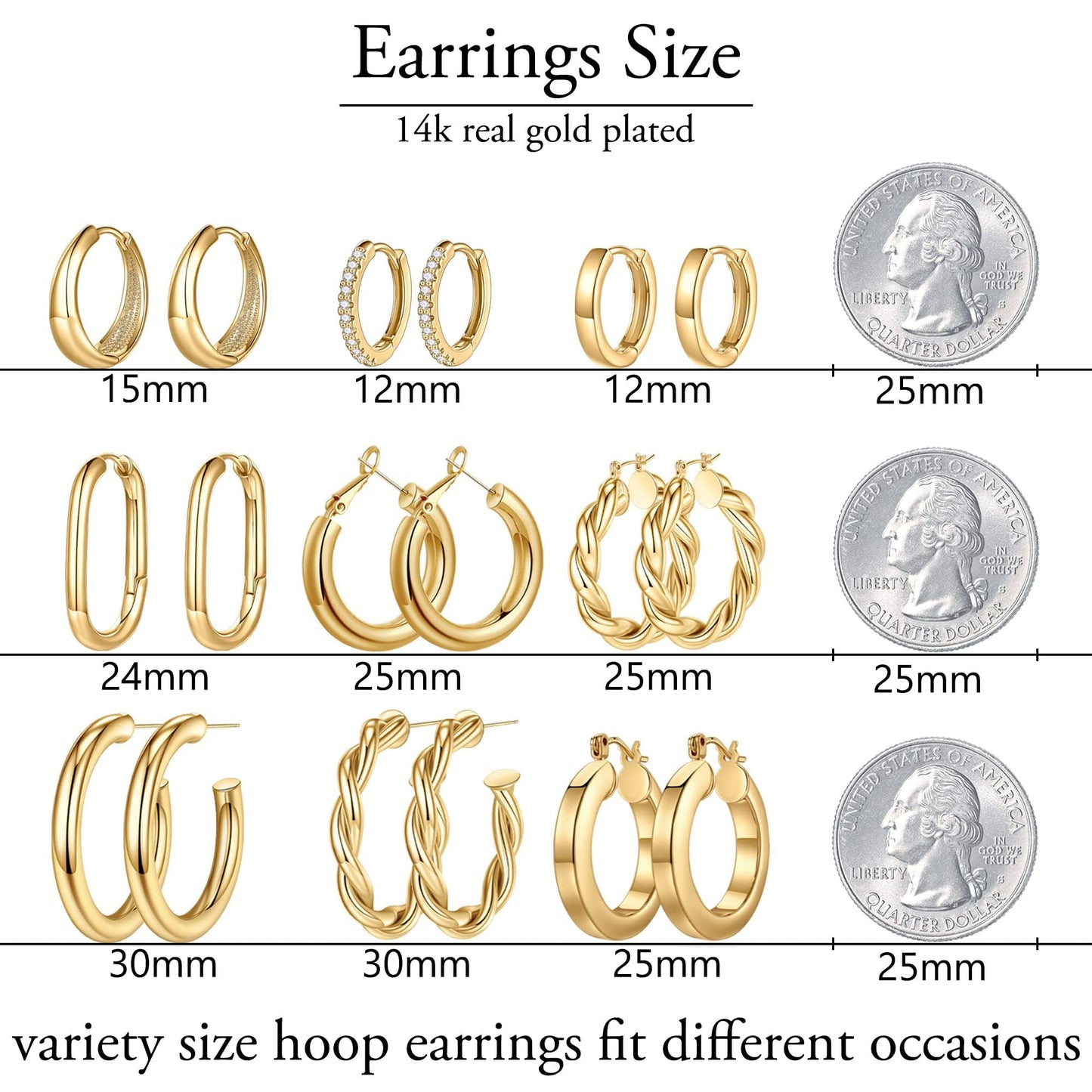 Yesteel 9 Pairs Gold Hoop Earrings for Women, 14K Real Gold Plated Chunky Hoop Earrings Set for Women Hypoallergenic Thick Lightweight Hoop Earrings for Women Gold Jewelry Gifts