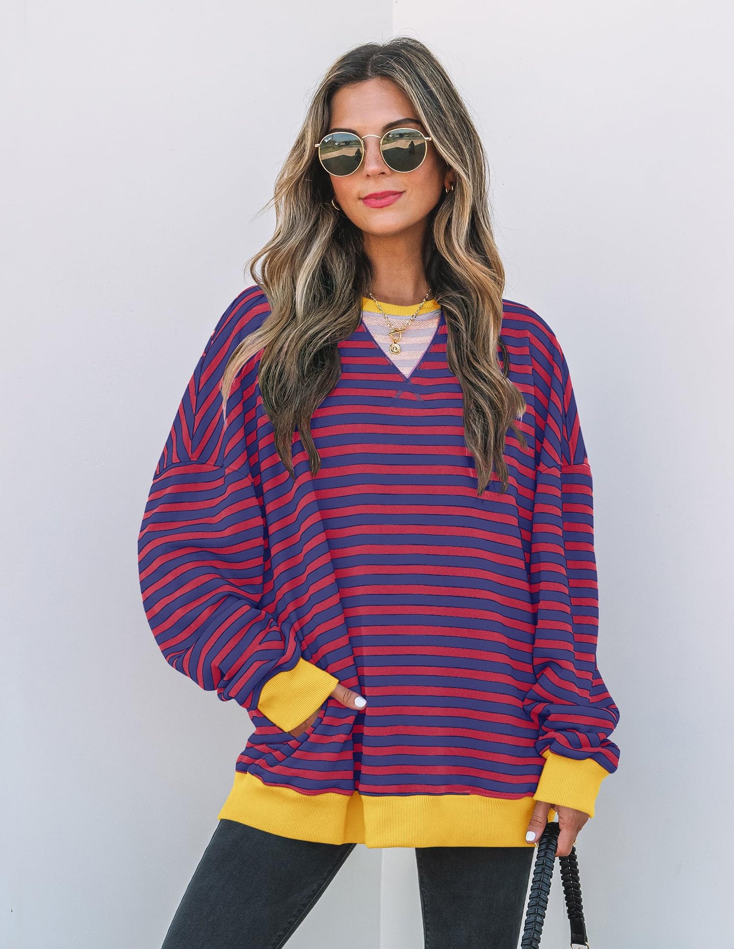 ZESICA Womens Casual Striped Pullover Tops Long Sleeve Shirts Crewneck Oversized Sweatshirts 2024 Fall Clothes