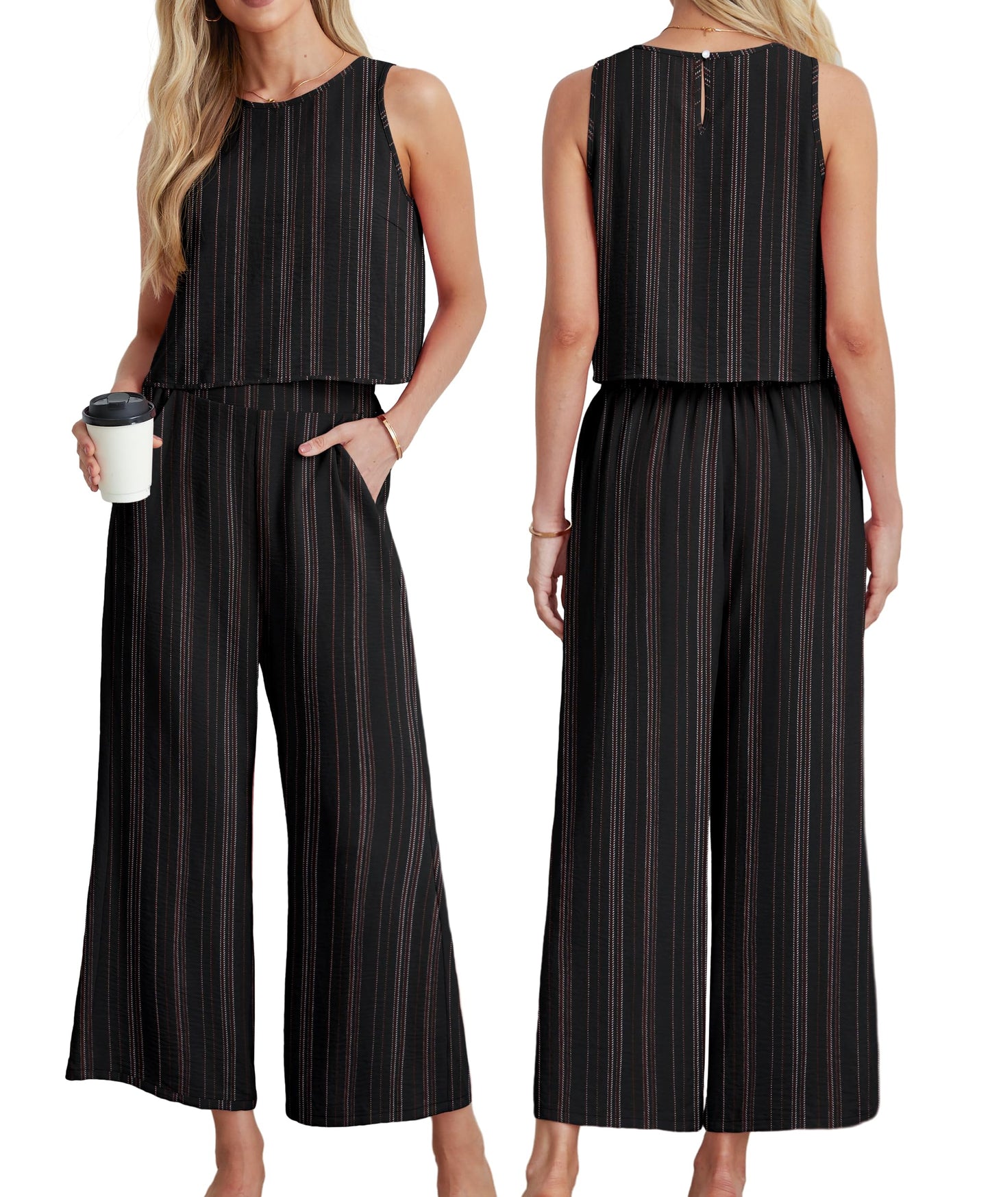 IWOLLENCE Women's Summer 2 Piece Outfits Set Round neck Sleeveless Tank Crop Top Wide Leg pants Set Pockets Jumpsuits