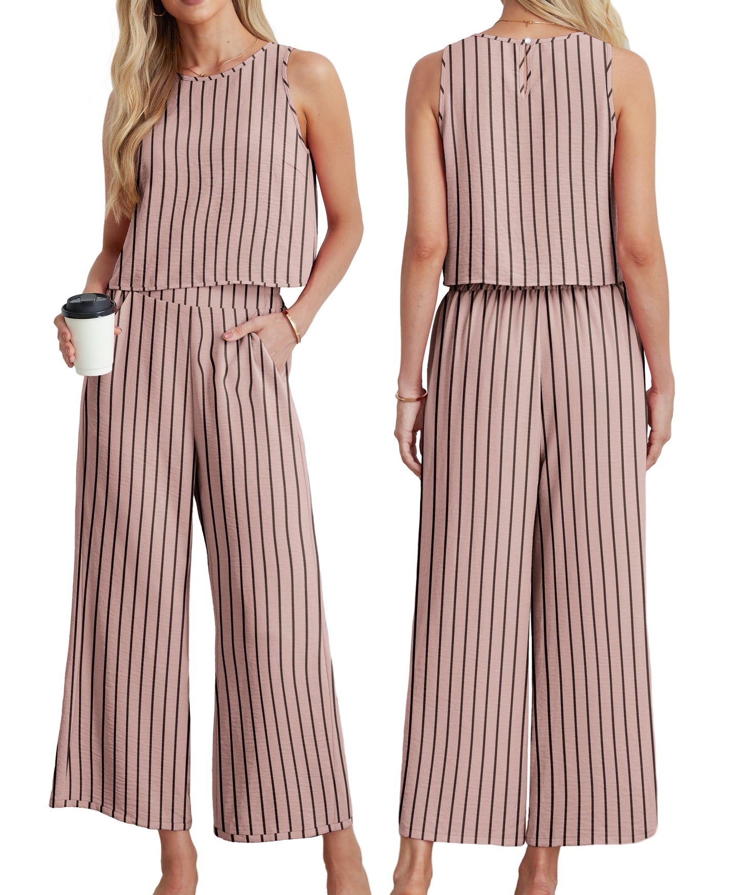 IWOLLENCE Women's Summer 2 Piece Outfits Set Round neck Sleeveless Tank Crop Top Wide Leg pants Set Pockets Jumpsuits