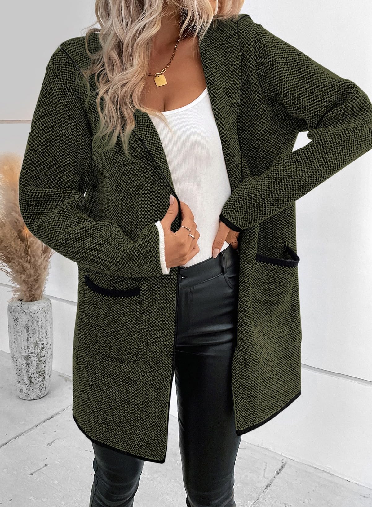 Sidefeel Women's 2024 Fall Long Sleeve Open Front Contrast Cardigan Sweaters Oversized Chunky Knit Hooded Sweaters Coat