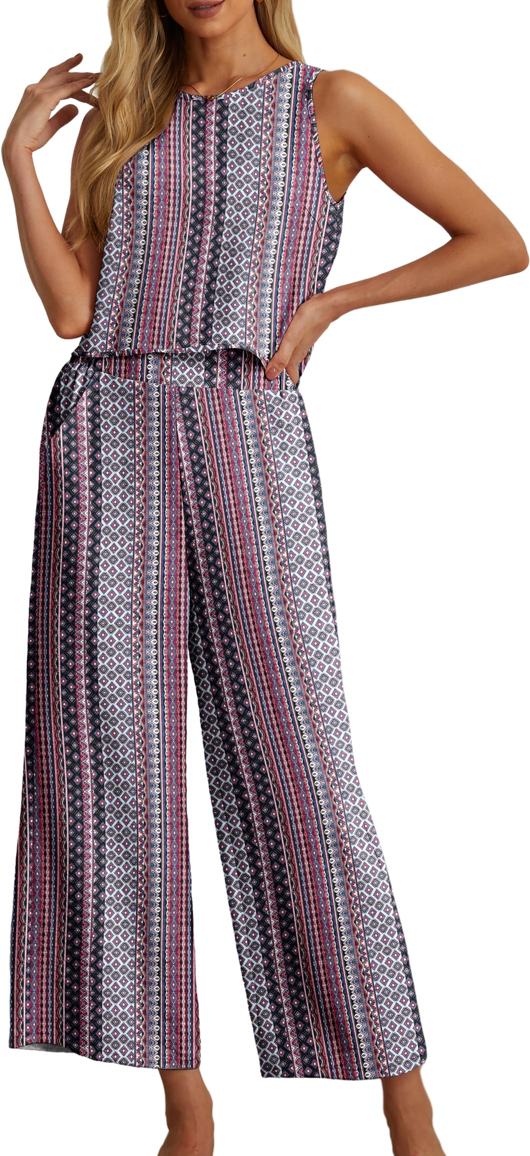 IWOLLENCE Women's Summer 2 Piece Outfits Set Round neck Sleeveless Tank Crop Top Wide Leg pants Set Pockets Jumpsuits