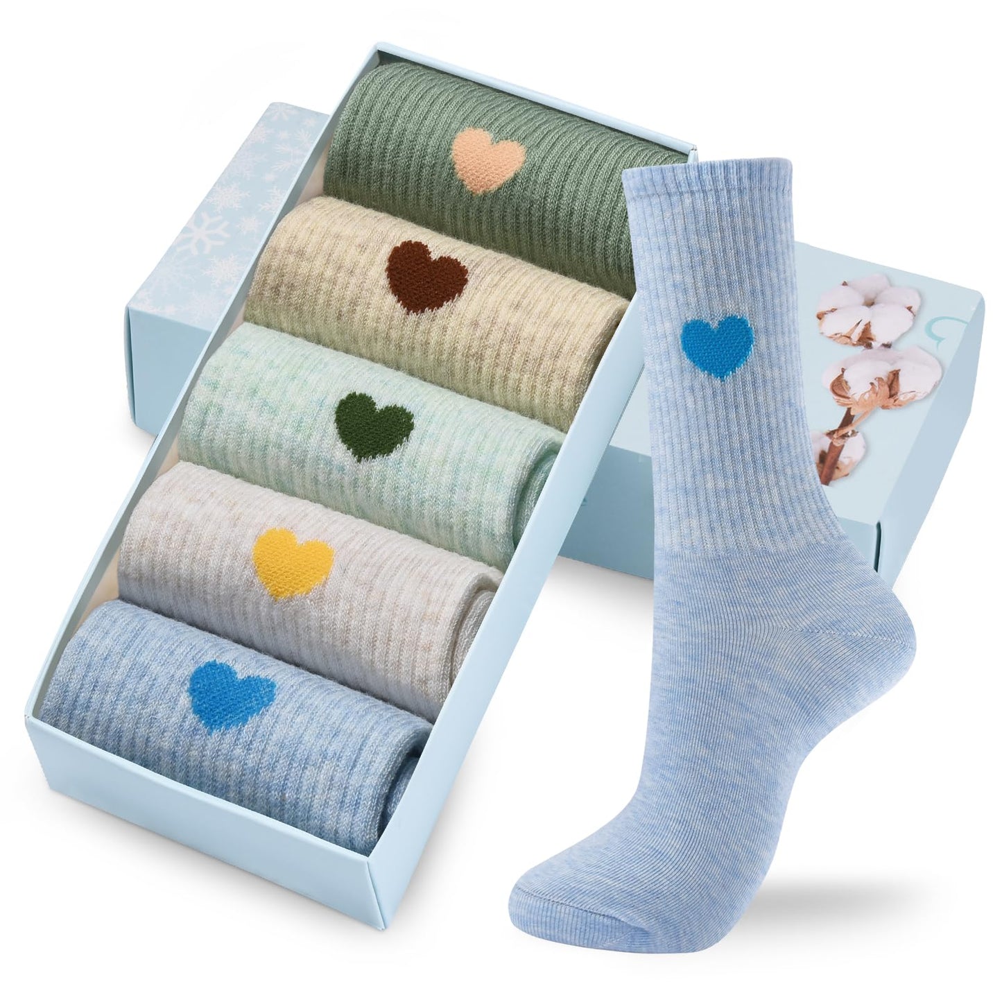 Corlap Women's Crew Calf Cotton Socks Long Fun Cute Heart Soft Dress Socks,Above Ankle High Casual Socks(5Pairs Gifts Box)