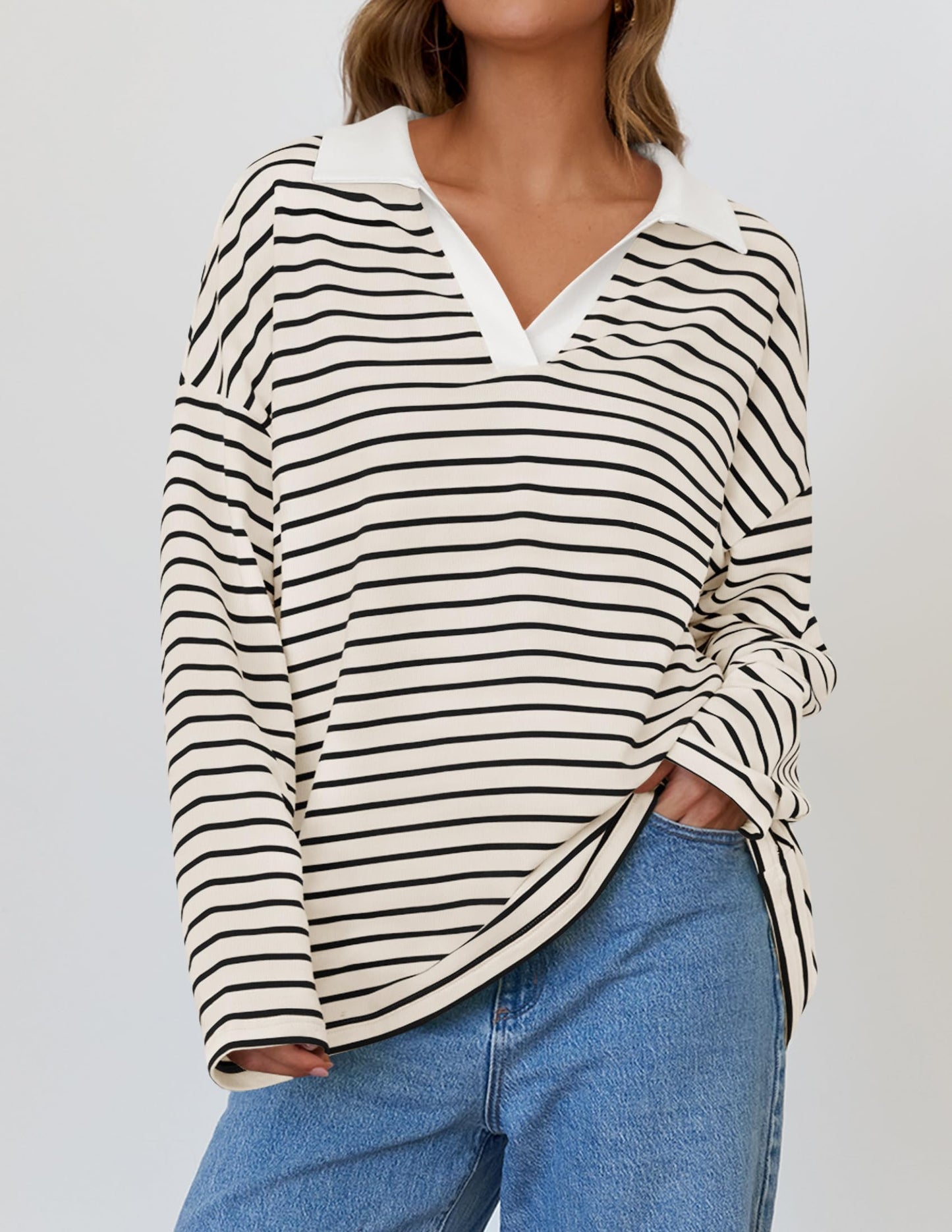 ZESICA Womens Striped Long Sleeve Shirts 2024 Casual V Neck Oversized Sweatshirt Loose Fit Tunic Tops Fall Blouses