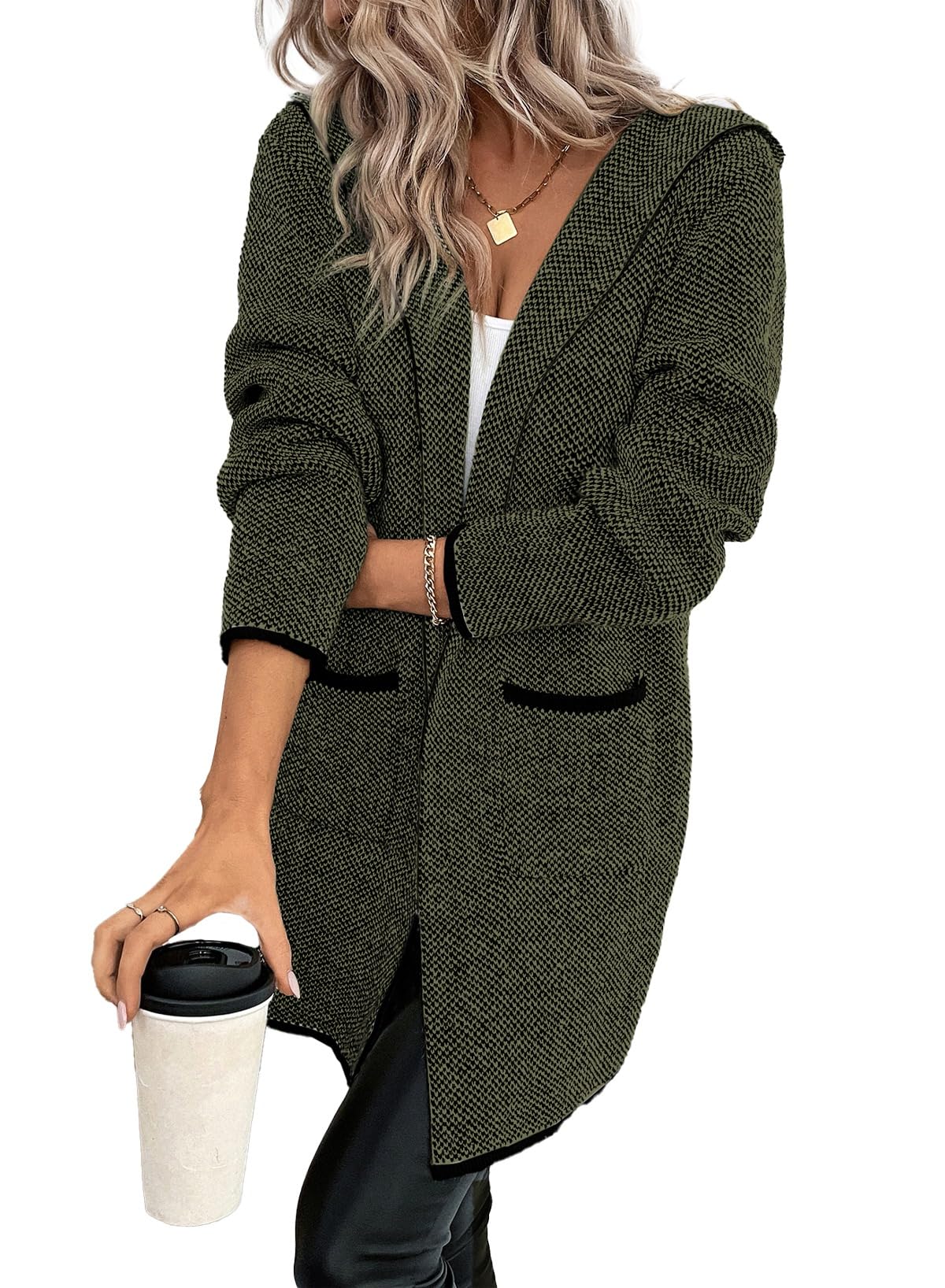 Sidefeel Women's 2024 Fall Long Sleeve Open Front Contrast Cardigan Sweaters Oversized Chunky Knit Hooded Sweaters Coat