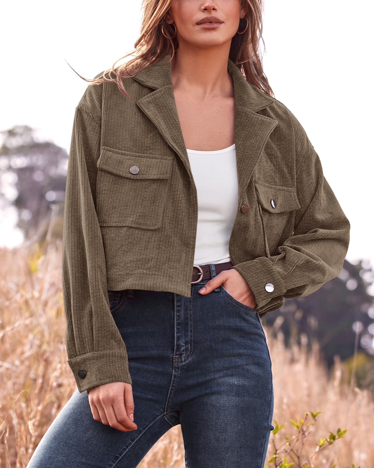 BTFBM Women's Corduroy Cropped Jacket 2024 Winter Fall Lapel Button Down Casual Short Shacket Jackets Coats with Pockets