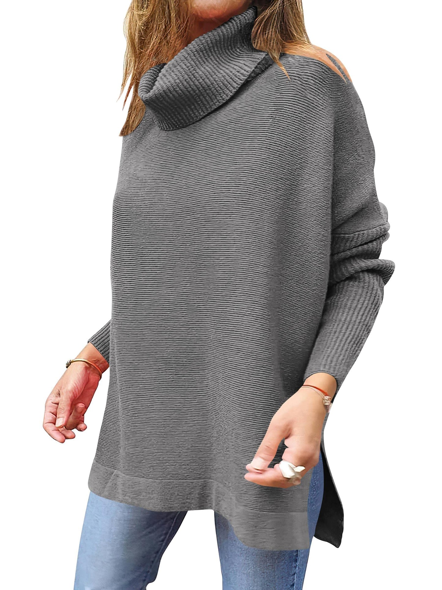 Caracilia Women's Turtleneck Oversized Sweaters 2024 Fall Long Batwing Sleeve Spilt Hem Tunic Pullover Sweater Knit Tops