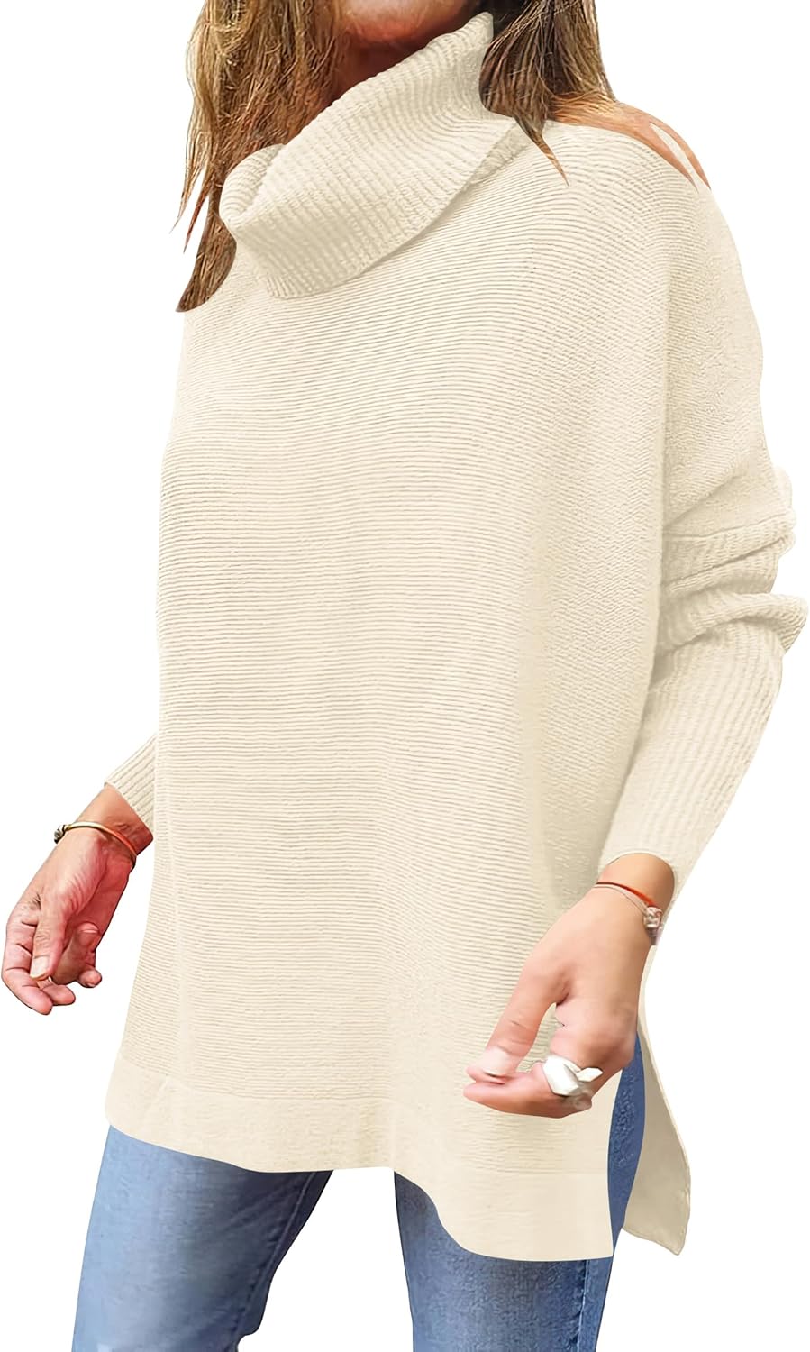 Caracilia Women's Turtleneck Oversized Sweaters 2024 Fall Long Batwing Sleeve Spilt Hem Tunic Pullover Sweater Knit Tops