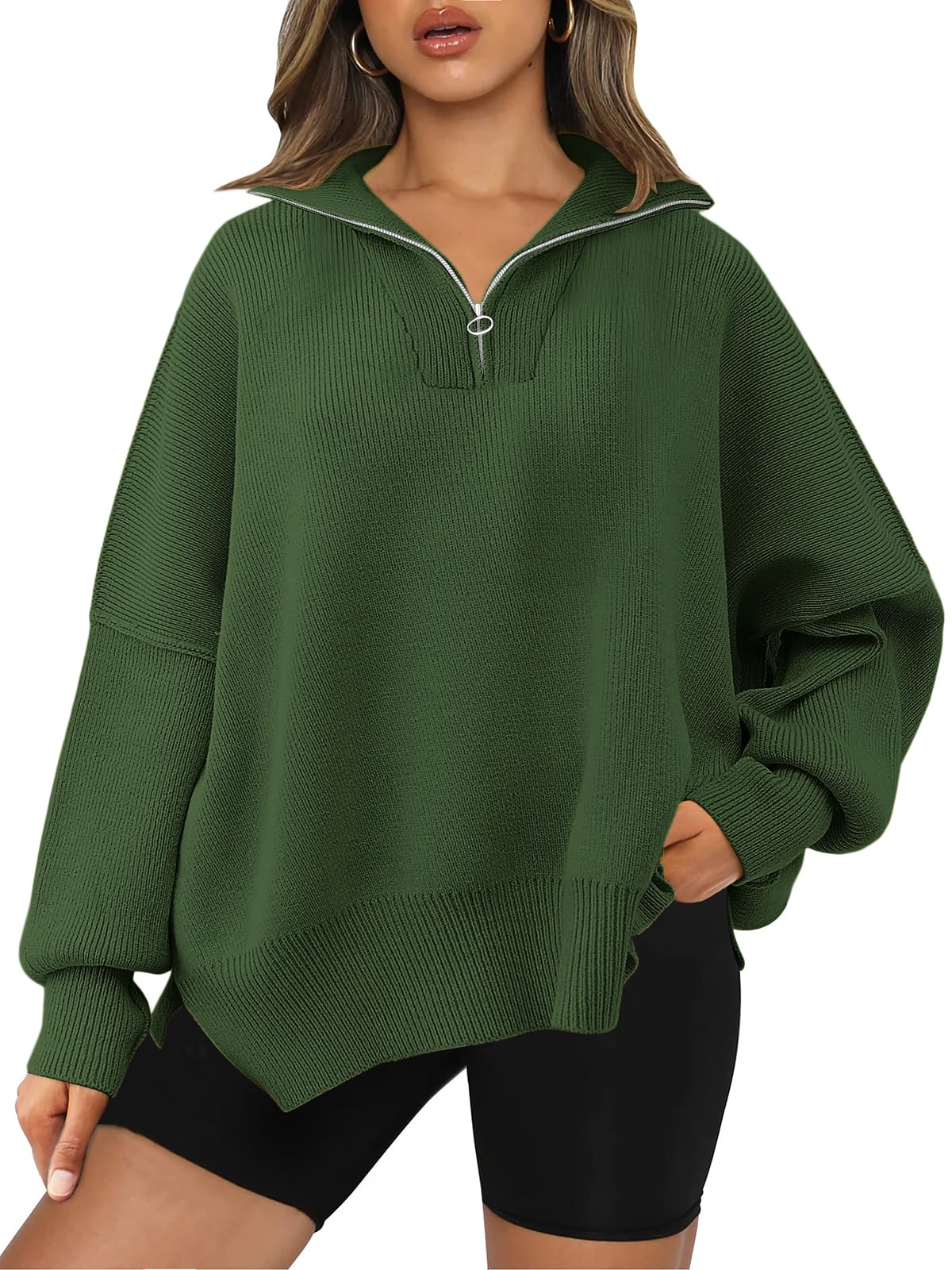 LILLUSORY Women's Oversized Sweaters 2024 Fall Trendy Zipper Collared Sweatshirts Drop Shoulder Tunic Knit Pullover Tops