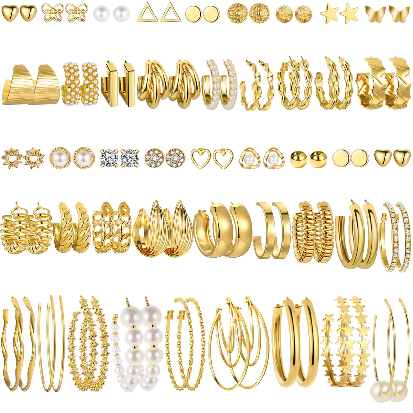 FAXHION 36 Pairs Gold Earrings Set for Women, Fashion Pearl Chain Link Stud Drop Dangle Earrings Multipack Hoop Earring Packs, Hypoallergenic Earrings for Birthday Party Jewelry